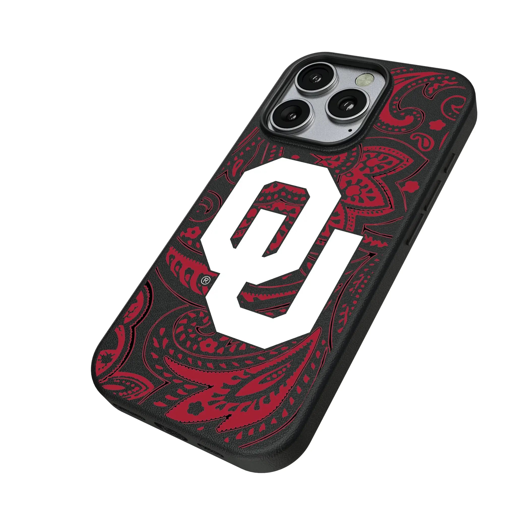 University of Oklahoma Sooners Paisley iPhone MagSafe Compatible Phone Case for Apple iPhone - Isometric View
