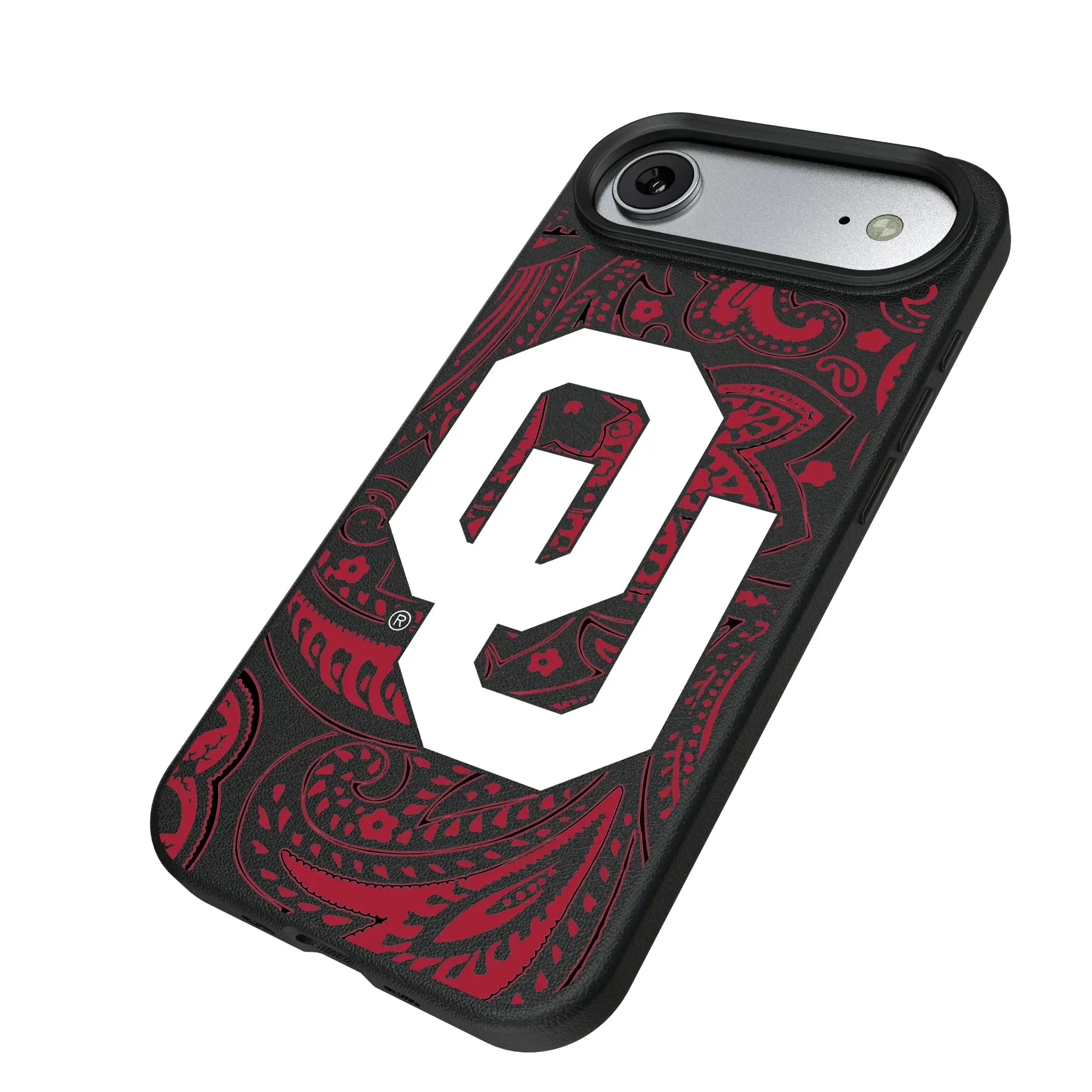 University of Oklahoma Sooners Paisley iPhone MagSafe Compatible Phone Case for Apple iPhone - Isometric View#Device_iPhone Air