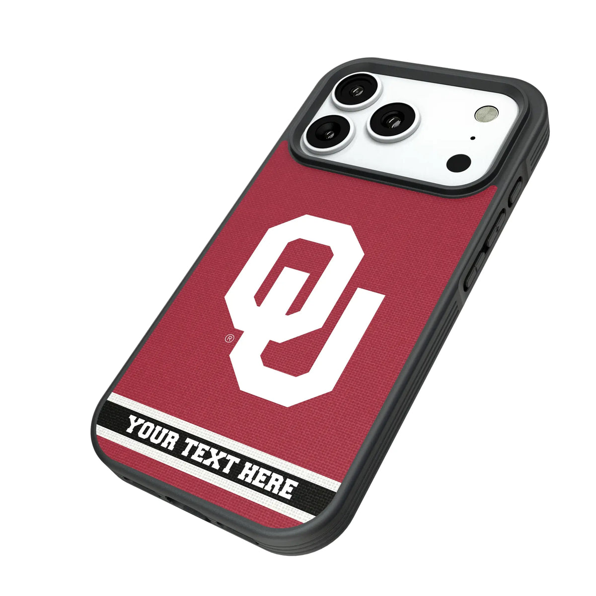 University of Oklahoma Sooners Personalized Stripe iPhone Bump Phone Case for Apple iPhone - Isometric View#Device_iPhone 18 Pro