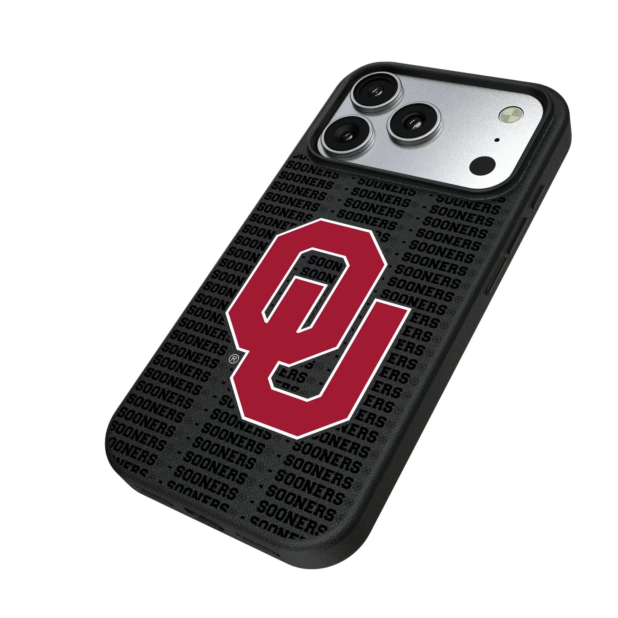University of Oklahoma Sooners Text Backdrop iPhone MagSafe Compatible Phone Case for Apple iPhone - Isometric View#Device_iPhone 17 Pro
