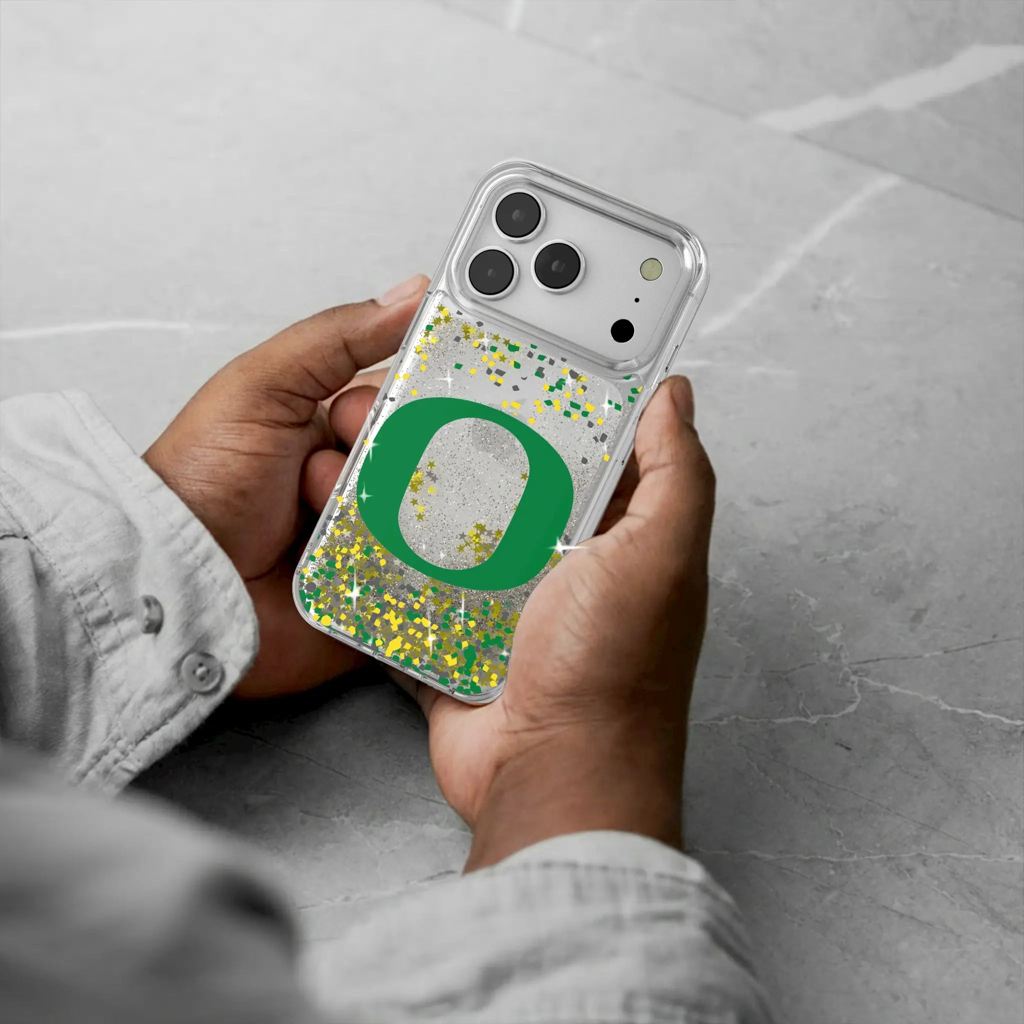 University of Oregon Ducks Confetti iPhone Glitter Phone Case for Apple iPhone - Lifestyle