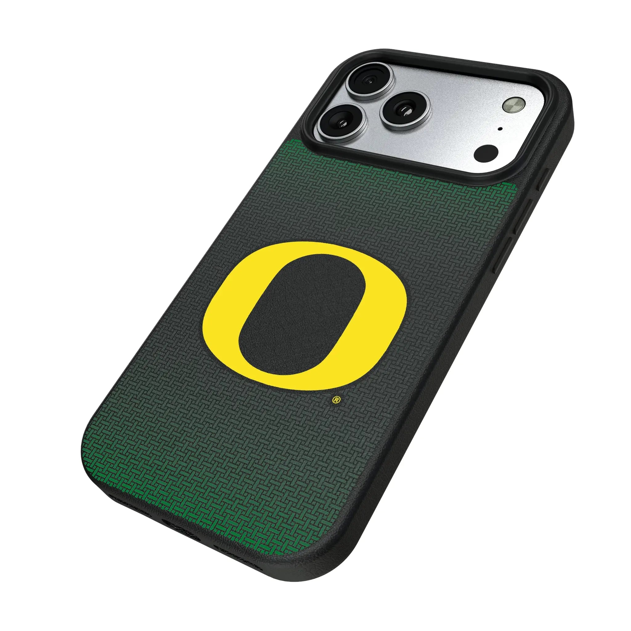 University of Oregon Ducks Linen iPhone MagSafe Compatible Phone Case for Apple iPhone - Isometric View#Device_iPhone 17 Pro Max