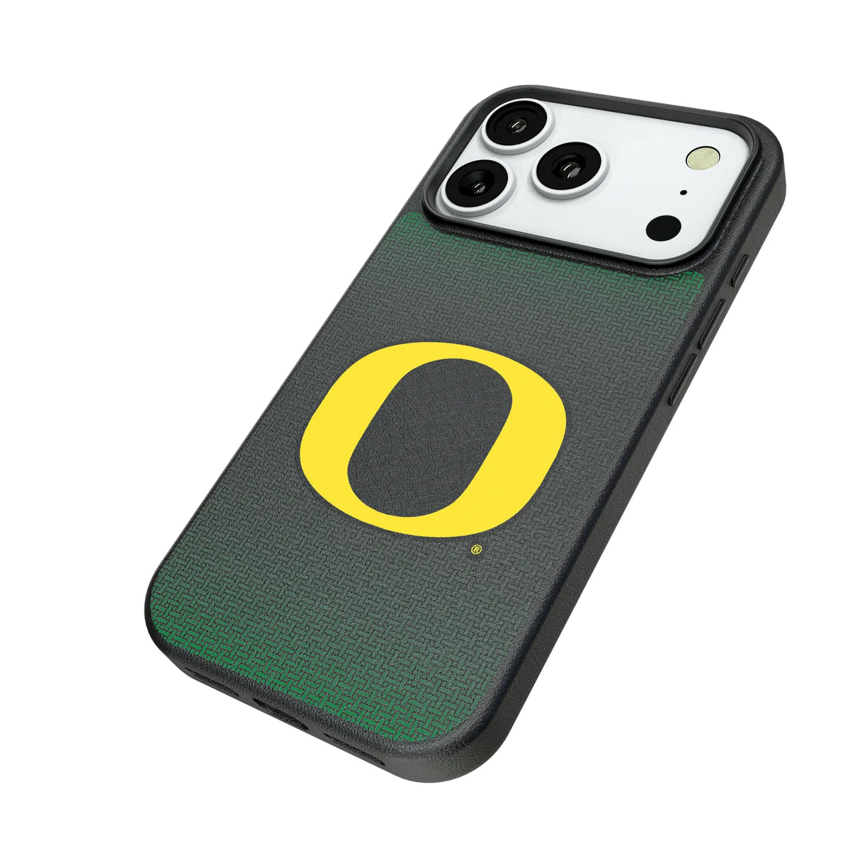 University of Oregon Ducks Linen iPhone MagSafe Compatible Phone Case for Apple iPhone - Isometric View#Device_iPhone 18 Pro