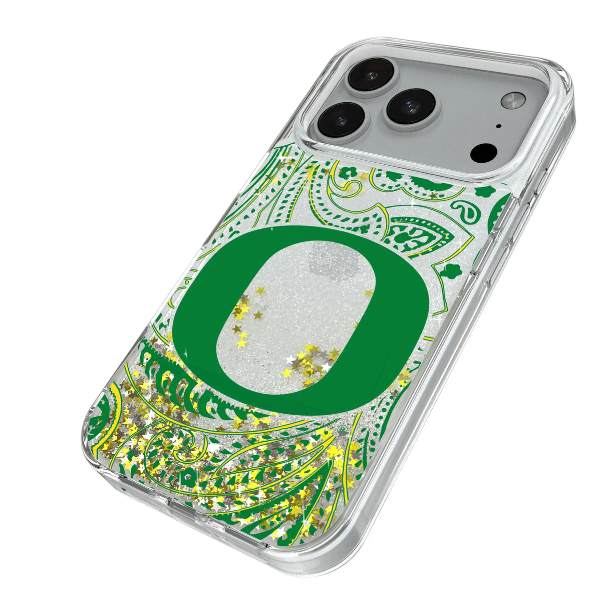 University of Oregon Ducks Paisley iPhone Glitter Phone Case for Apple iPhone - Isometric View#Device_iPhone 18 Pro