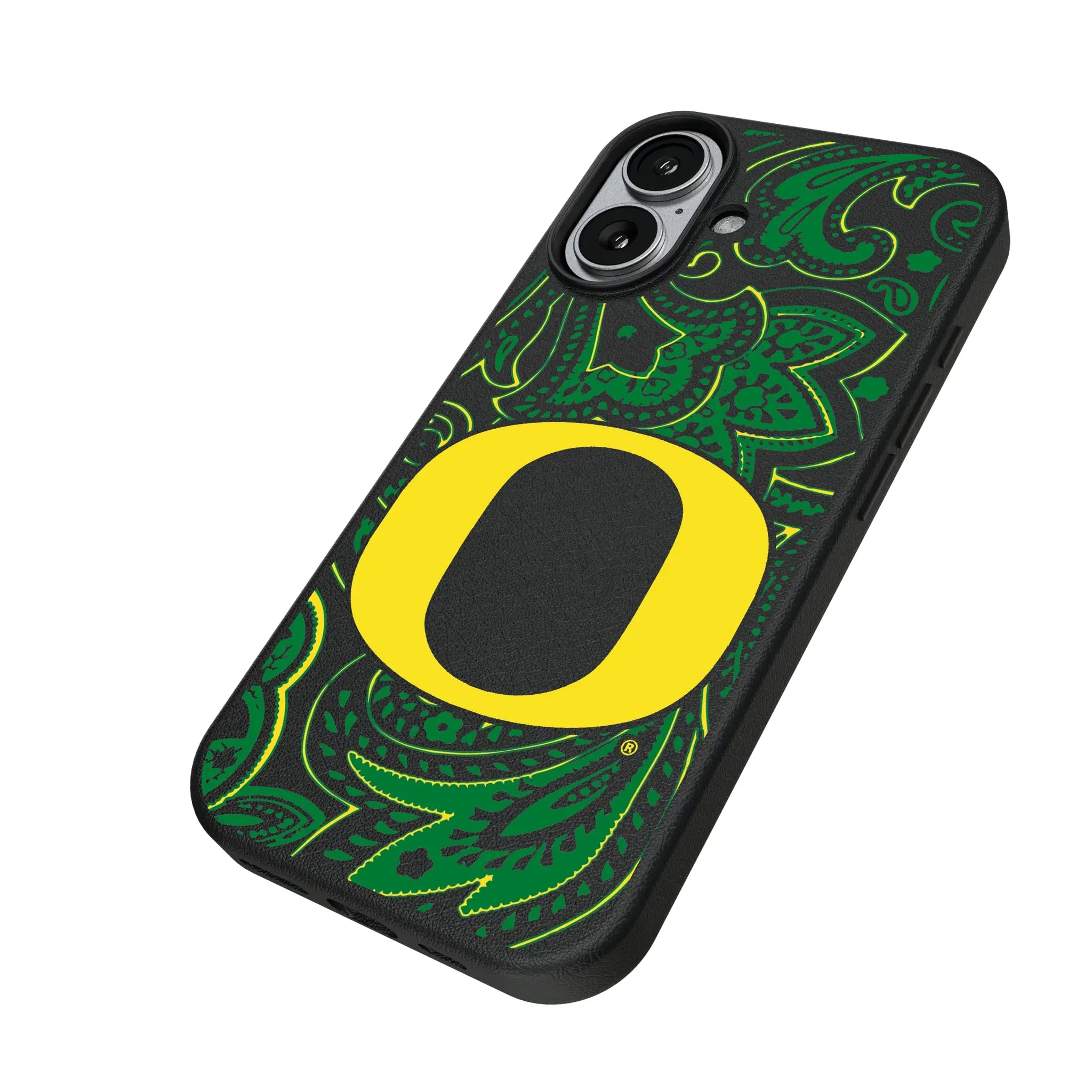 University of Oregon Ducks Paisley iPhone MagSafe Compatible Phone Case for Apple iPhone - Isometric View#Device_iPhone 17