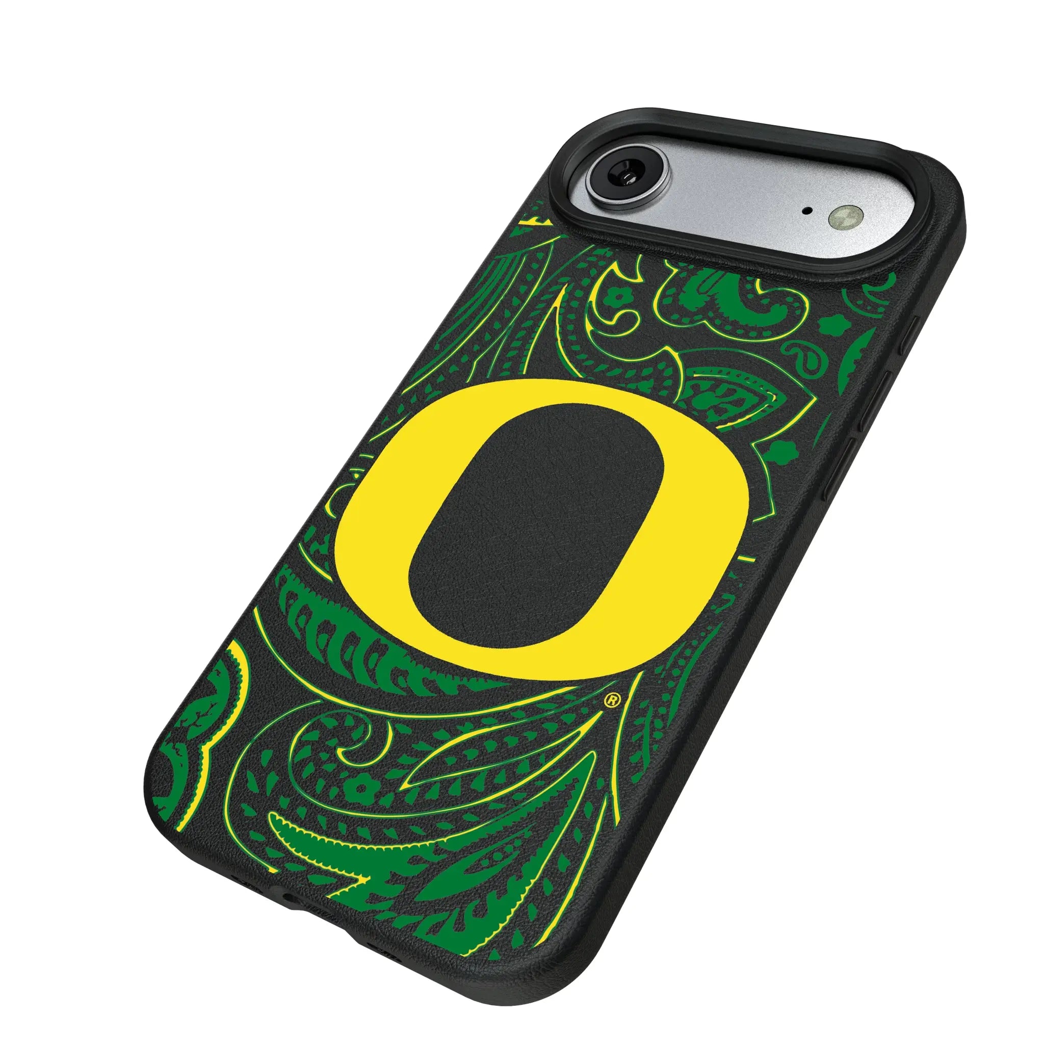 University of Oregon Ducks Paisley iPhone MagSafe Compatible Phone Case for Apple iPhone - Isometric View#Device_iPhone Air
