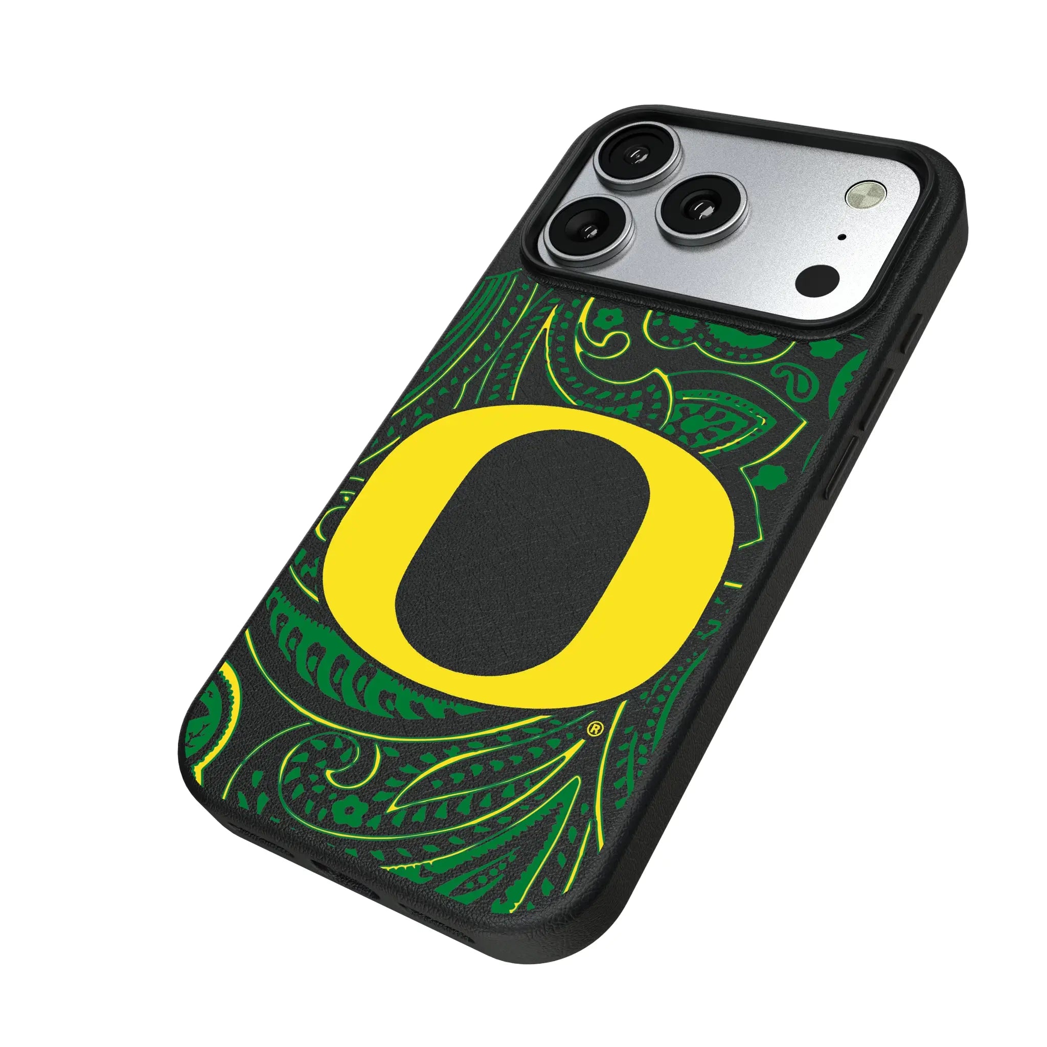 University of Oregon Ducks Paisley iPhone MagSafe Compatible Phone Case for Apple iPhone - Isometric View#Device_iPhone 17 Pro