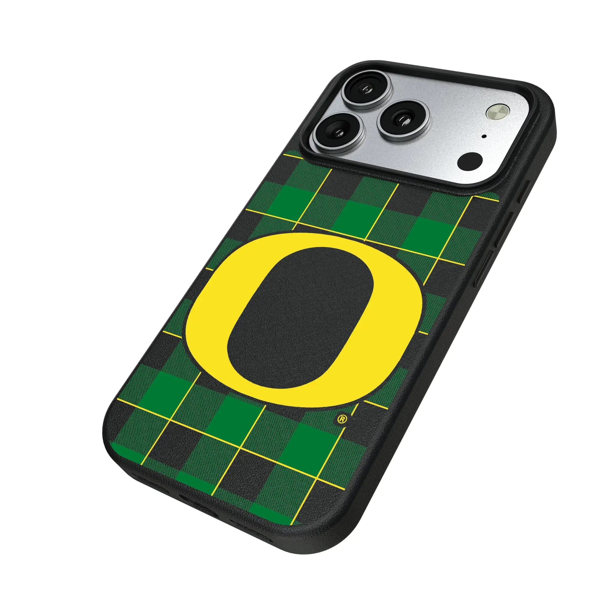 University of Oregon Ducks Plaid iPhone MagSafe Compatible Phone Case for Apple iPhone - Isometric View#Device_iPhone 17 Pro