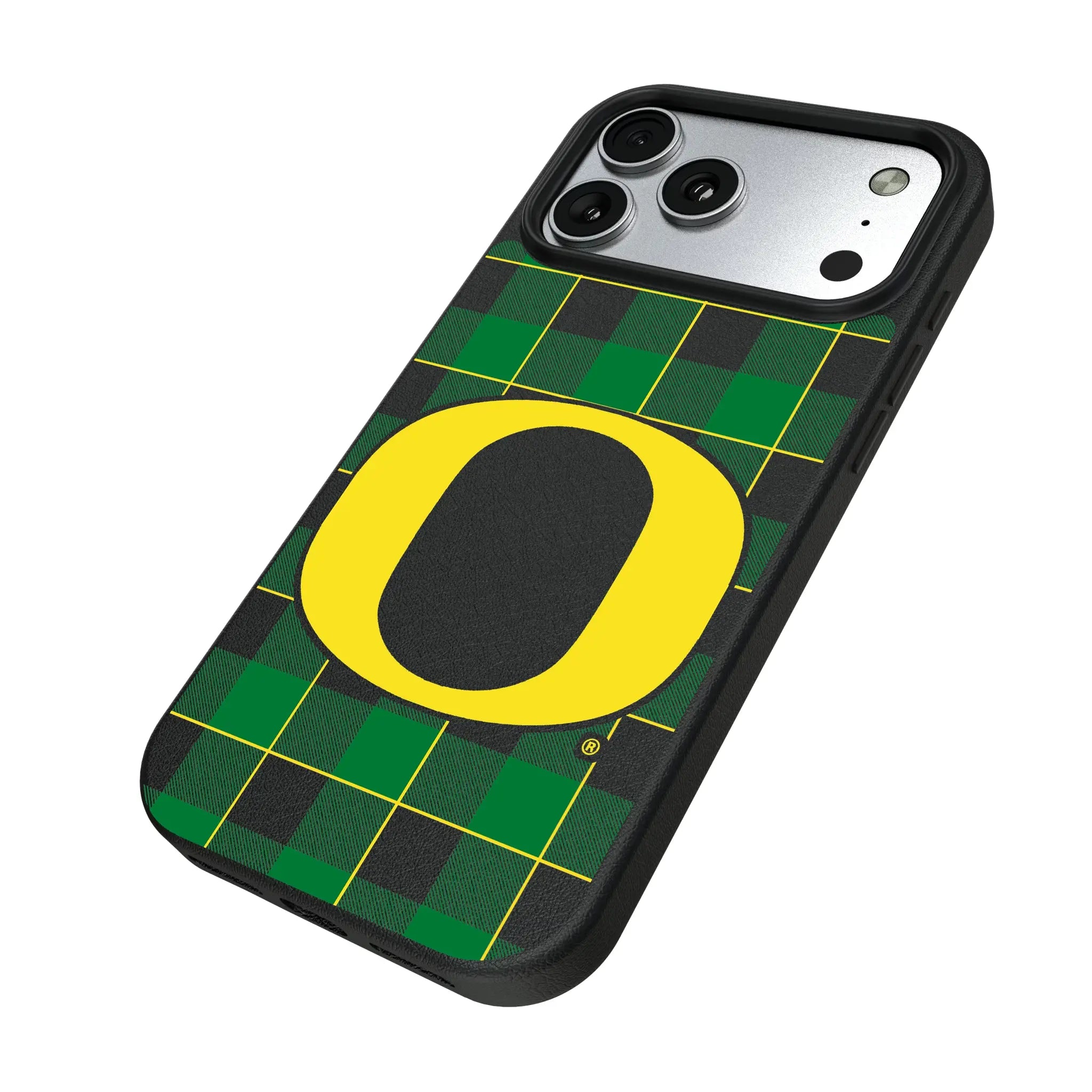 University of Oregon Ducks Plaid iPhone MagSafe Compatible Phone Case for Apple iPhone - Isometric View#Device_iPhone 17 Pro Max