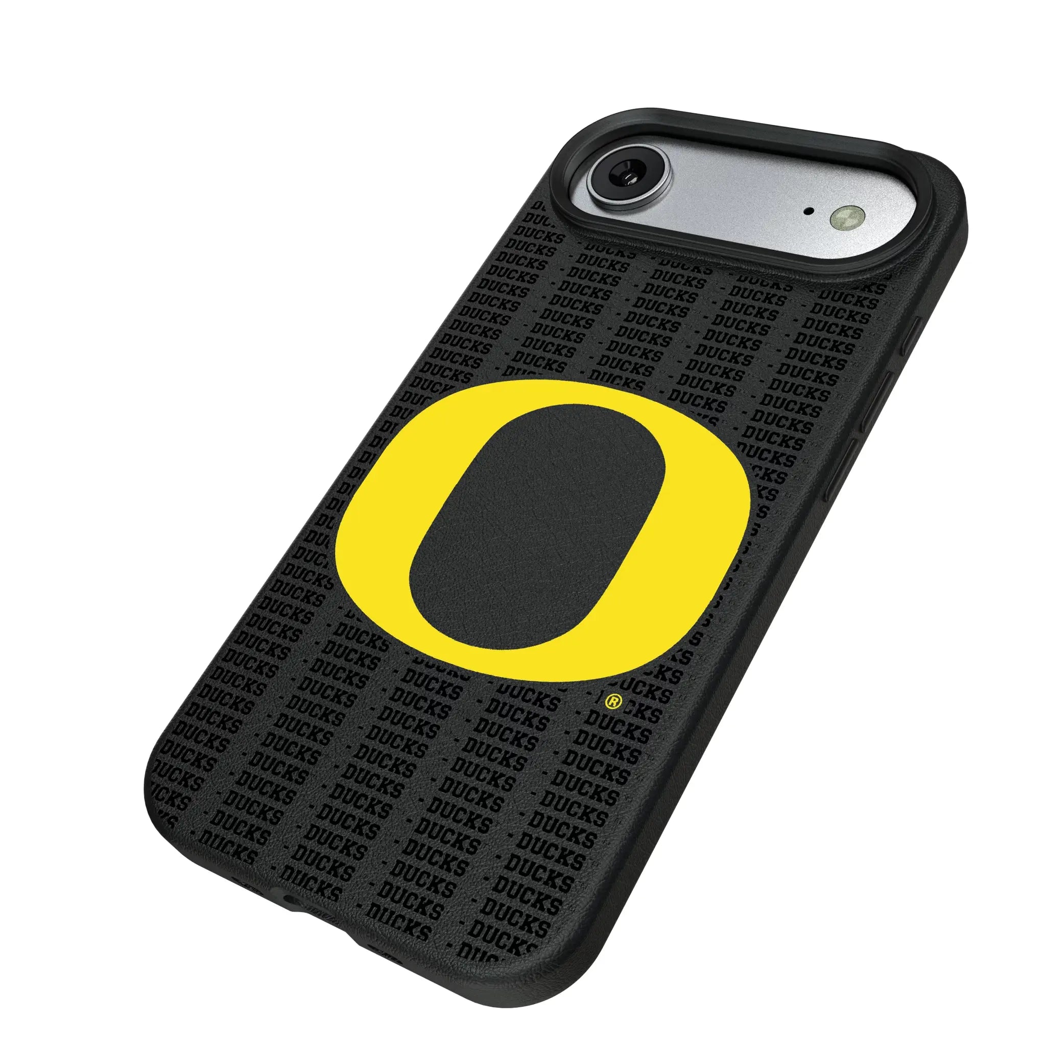 University of Oregon Ducks Text Backdrop iPhone MagSafe Compatible Phone Case for Apple iPhone - Isometric View#Device_iPhone Air