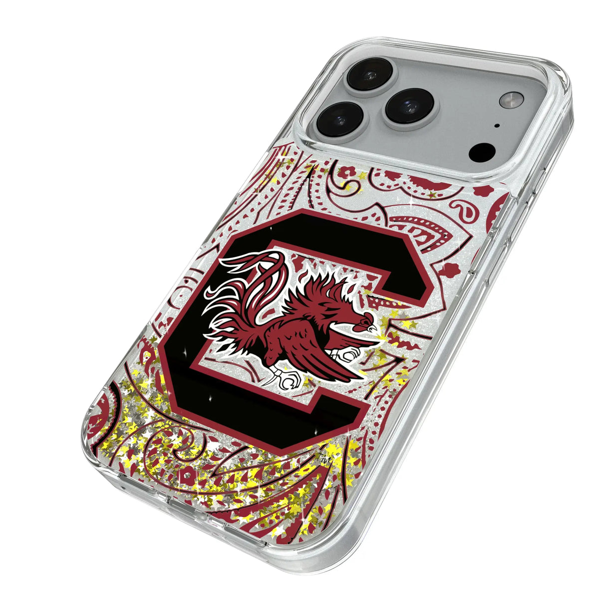 University of South Carolina Gamecocks Paisley iPhone Glitter Phone Case for Apple iPhone - Isometric View#Device_iPhone 18 Pro