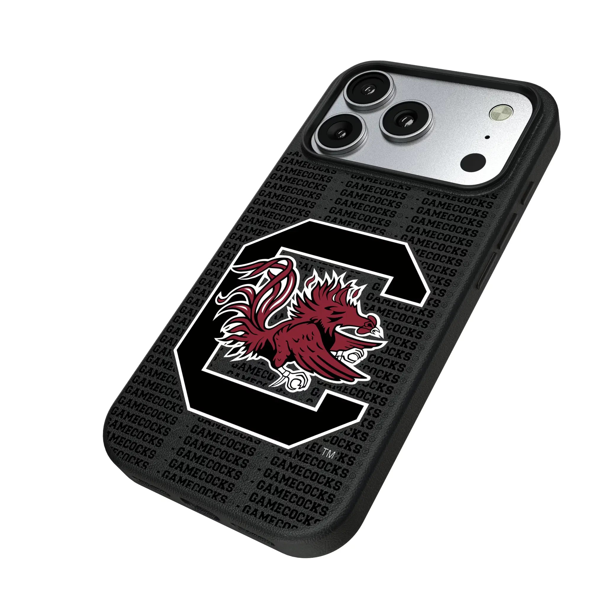 University of South Carolina Gamecocks Text Backdrop iPhone MagSafe Compatible Phone Case for Apple iPhone - Isometric View#Device_iPhone 17 Pro