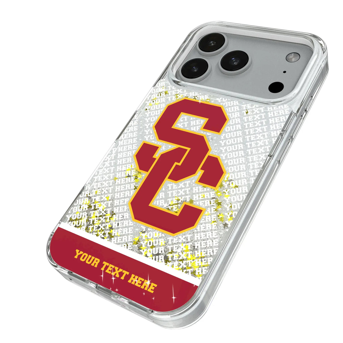 University of Southern California Trojans Personalized EndZone Plus iPhone Glitter Phone Case for Apple iPhone - Isometric View#Device_iPhone 18 Pro
