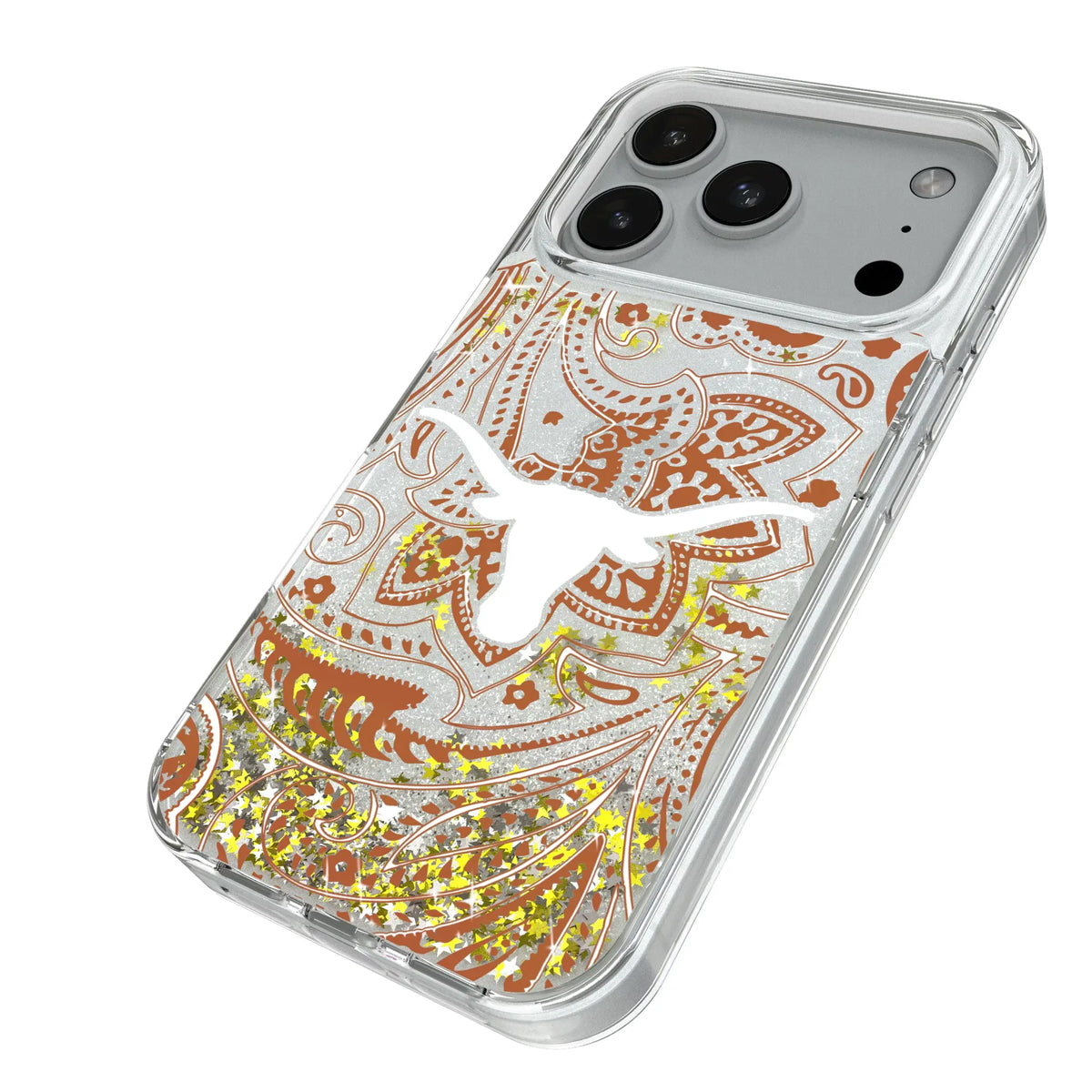 University of Texas Longhorns Paisley iPhone Glitter Phone Case for Apple iPhone - Isometric View#Device_iPhone 18 Pro