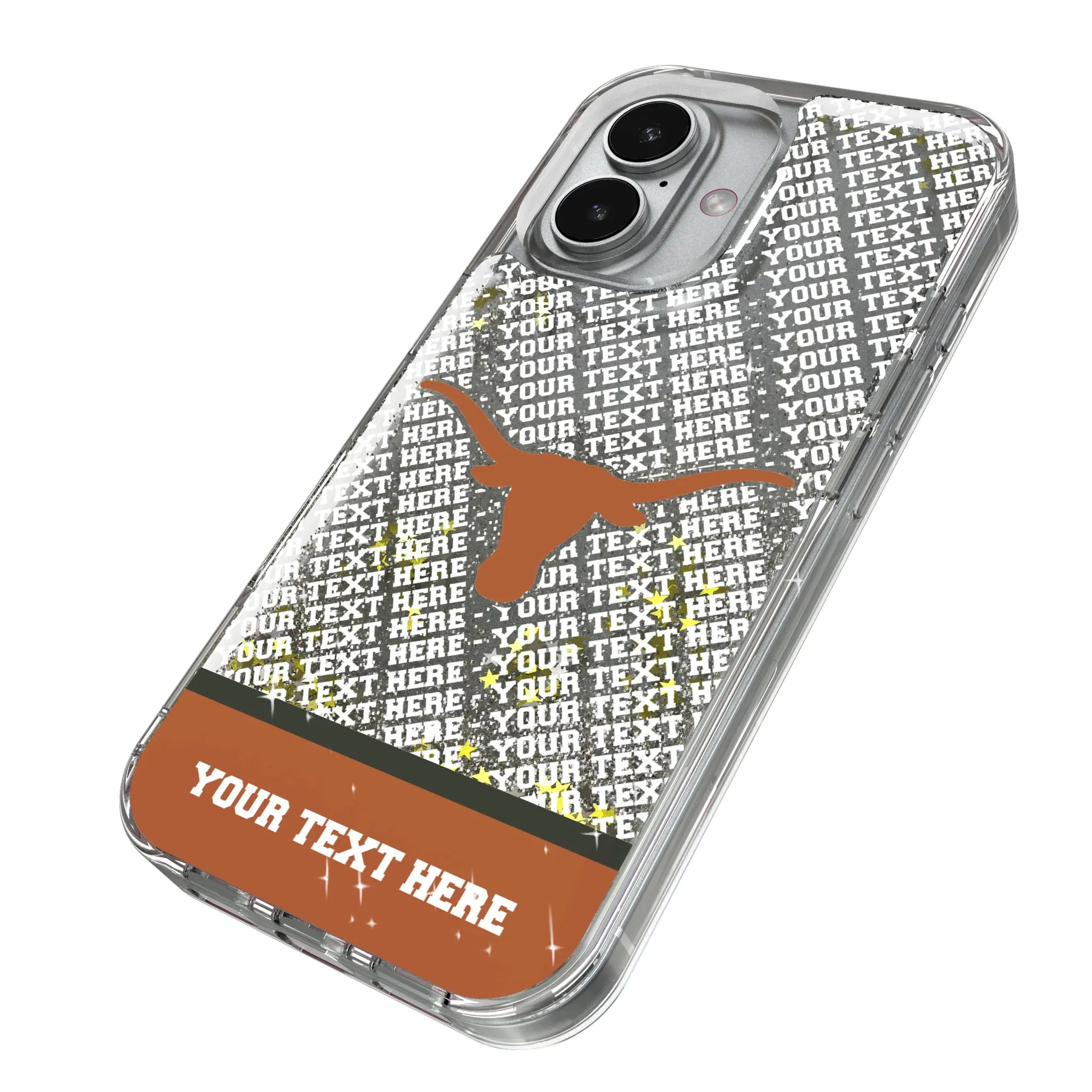 University of Texas Longhorns Personalized EndZone Plus iPhone Glitter Phone Case for Apple iPhone - Isometric View#Device_iPhone 17 Pro