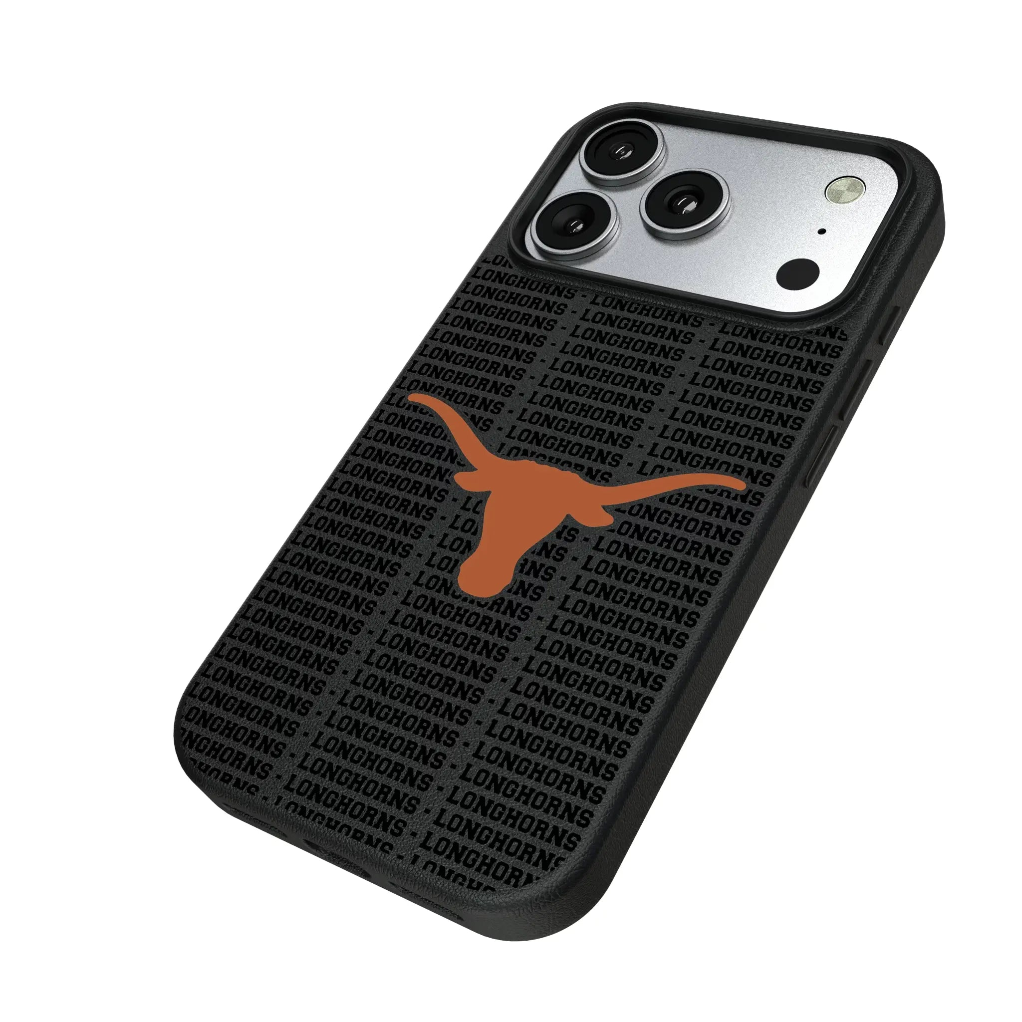 University of Texas Longhorns Text Backdrop iPhone MagSafe Compatible Phone Case for Apple iPhone - Isometric View#Device_iPhone 17 Pro