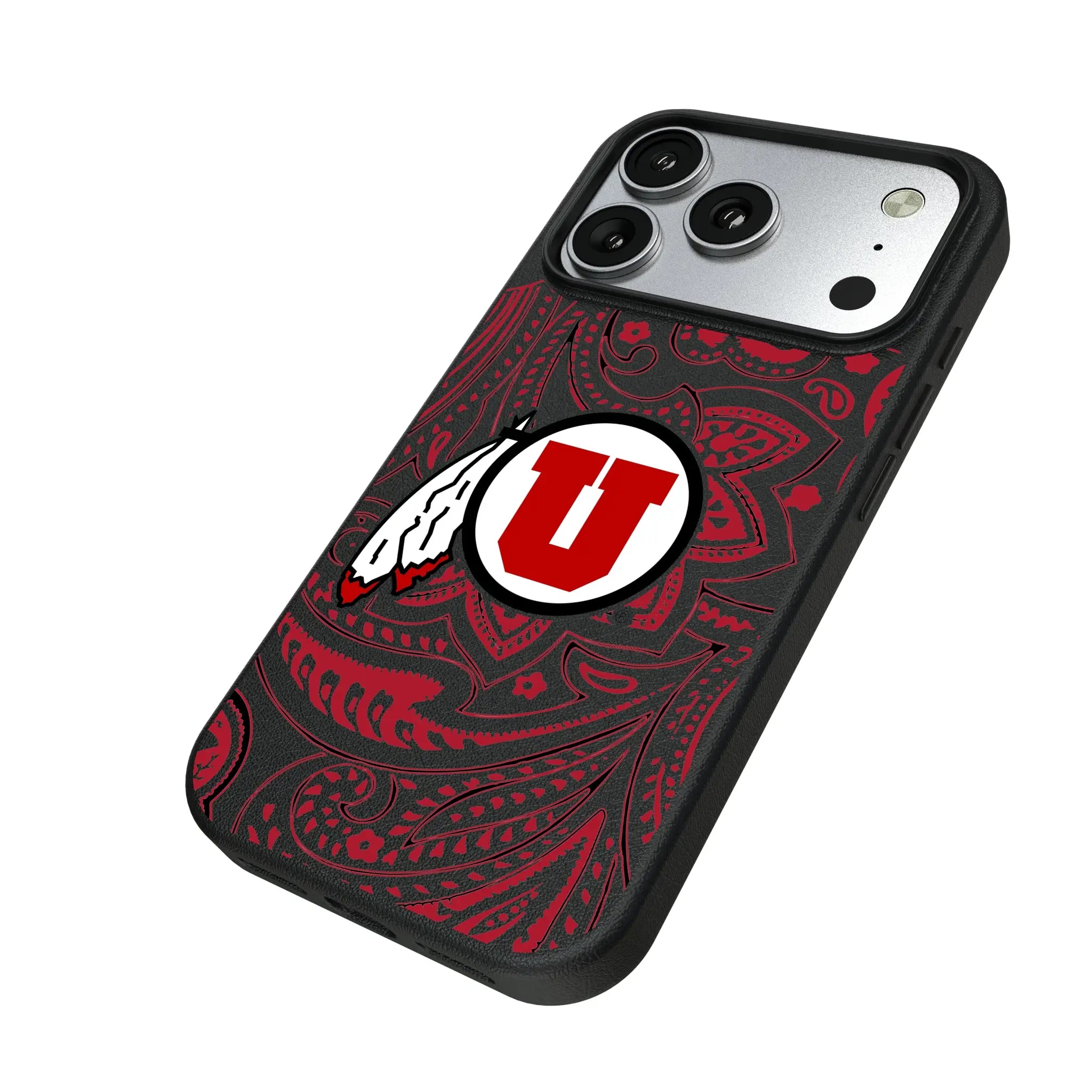 University of Utah Utes Paisley iPhone MagSafe Compatible Phone Case for Apple iPhone - Isometric View#Device_iPhone 17 Pro