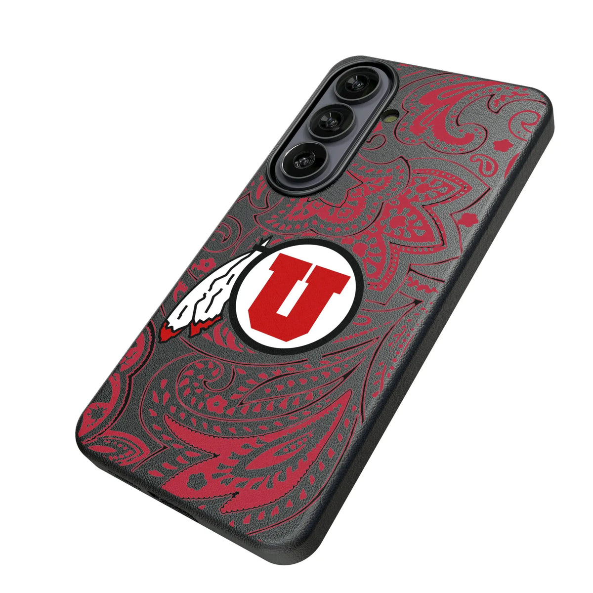 University of Utah Utes Paisley Galaxy MagSafe Compatible Phone Case for Samsung Galaxy - Isometric View#Device_Galaxy S26