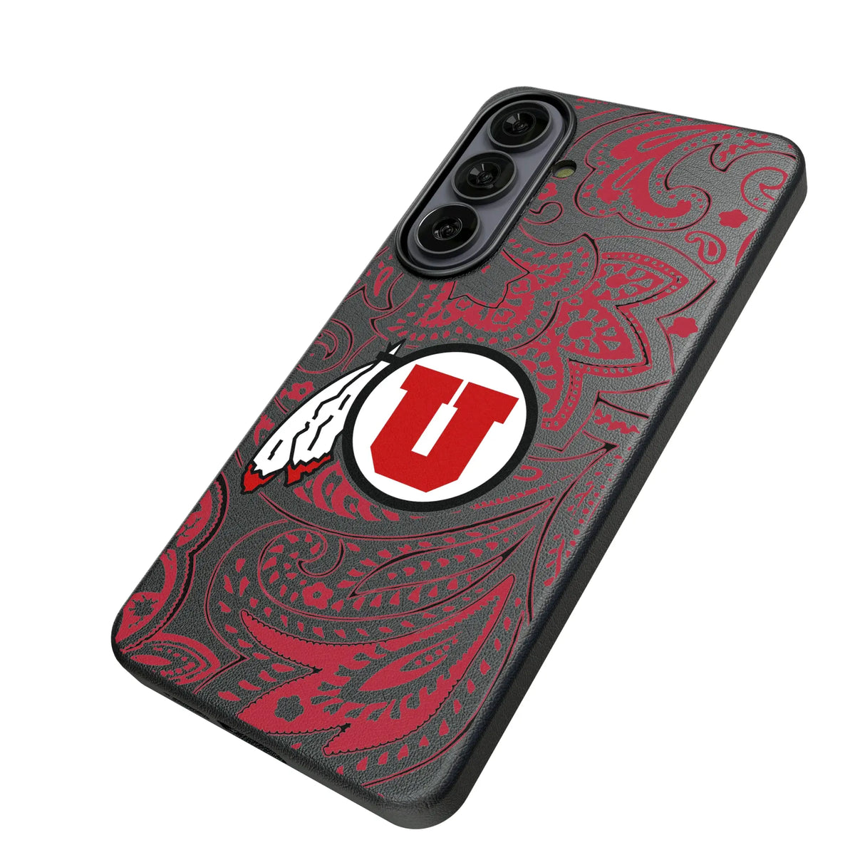 University of Utah Utes Paisley Galaxy MagSafe Compatible Phone Case for Samsung Galaxy - Isometric View#Device_Galaxy S26 Plus