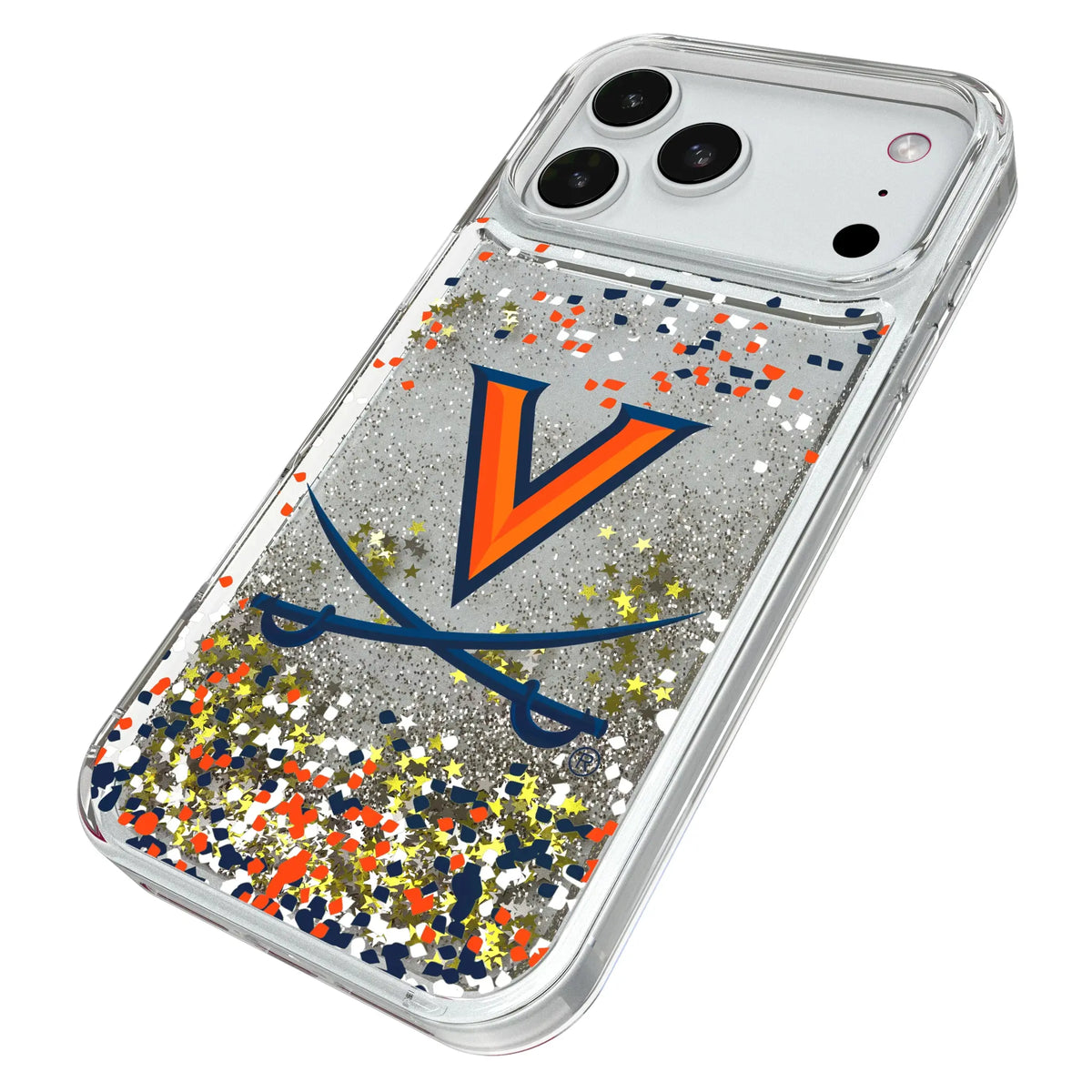University of Virginia Cavaliers Confetti iPhone Glitter Phone Case for Apple iPhone - Isometric View#Device_iPhone 18 Pro Max