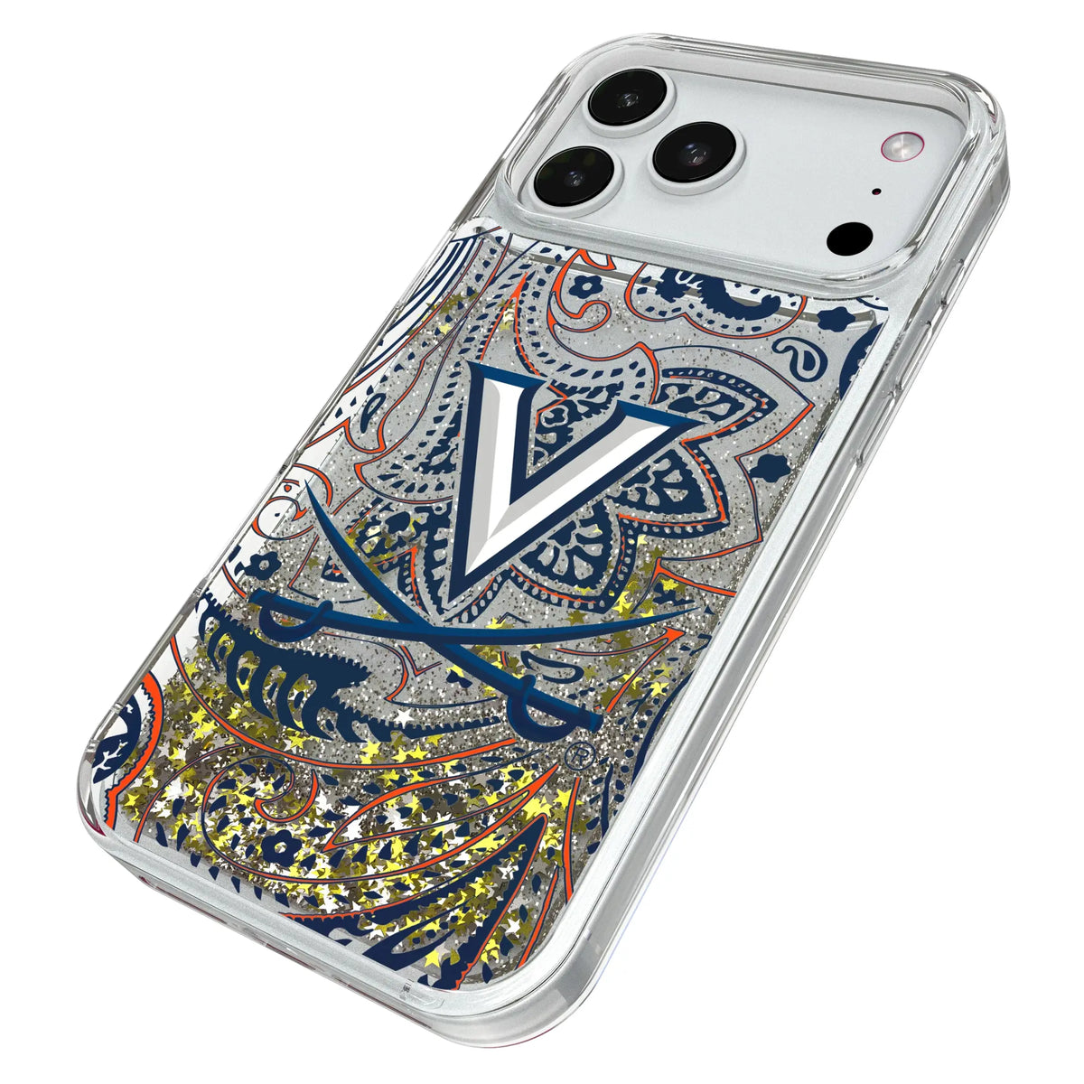 University of Virginia Cavaliers Paisley iPhone Glitter Phone Case for Apple iPhone - Isometric View#Device_iPhone 18 Pro Max