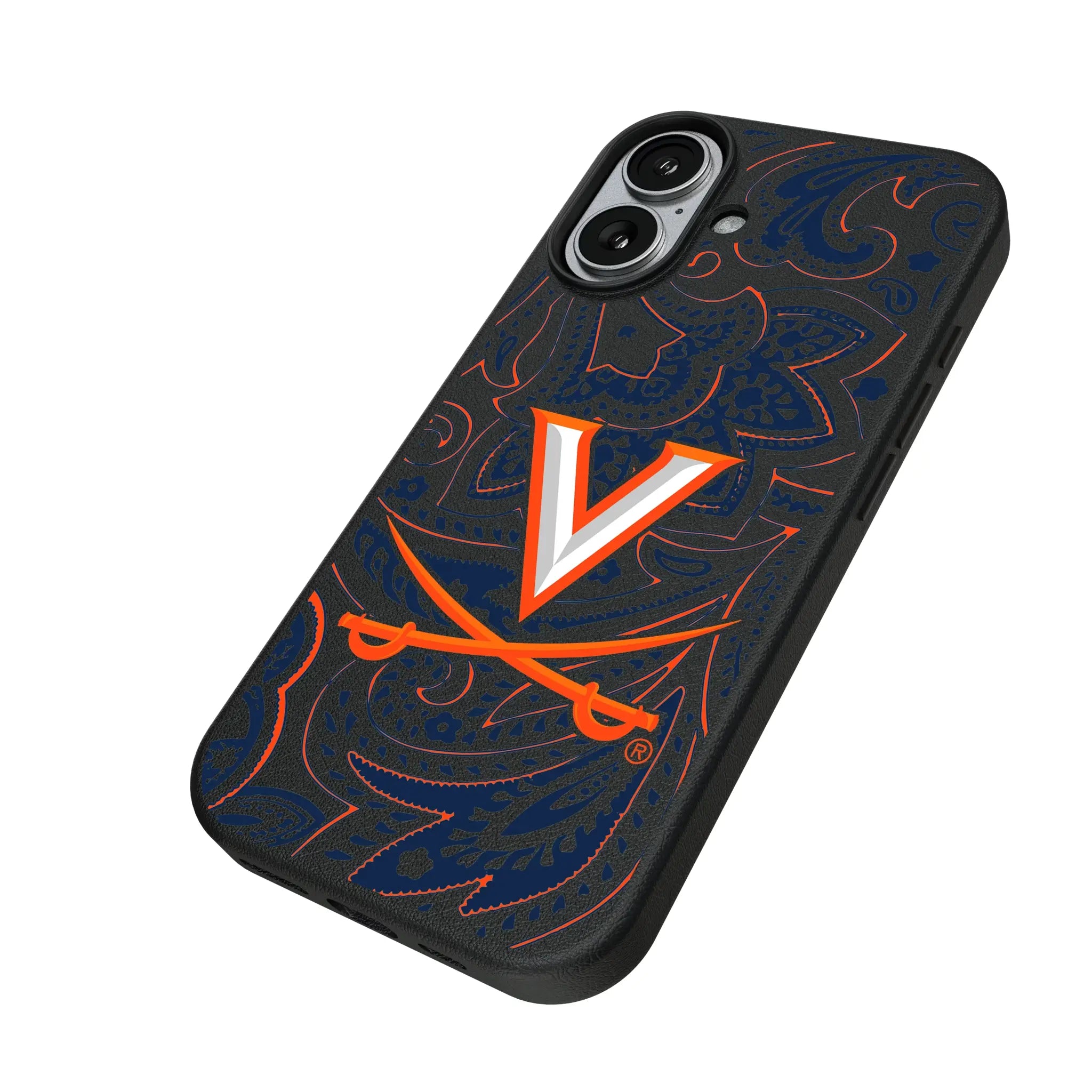 University of Virginia Cavaliers Paisley iPhone MagSafe Compatible Phone Case for Apple iPhone - Isometric View#Device_iPhone 17