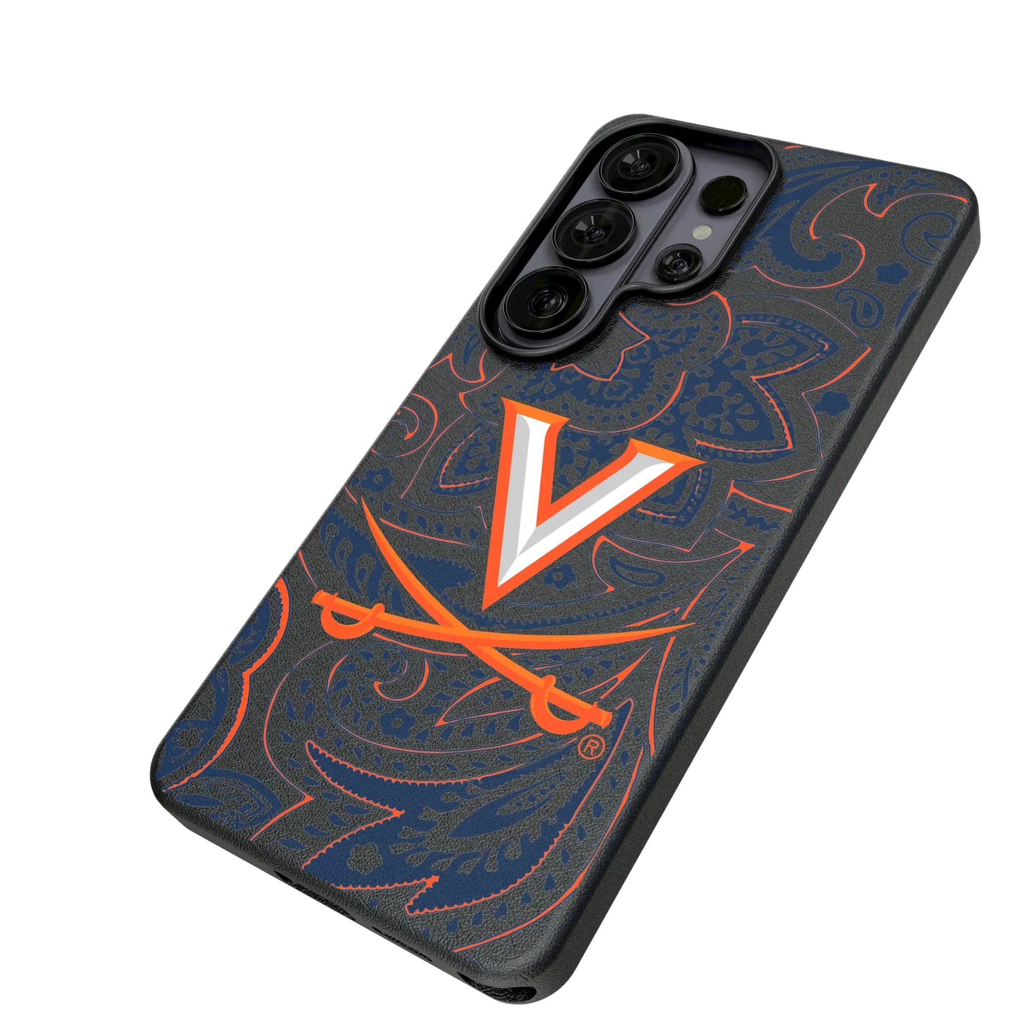 University of Virginia Cavaliers Paisley Galaxy MagSafe Compatible Phone Case for Samsung Galaxy - Isometric View#Device_Galaxy S26 Ultra