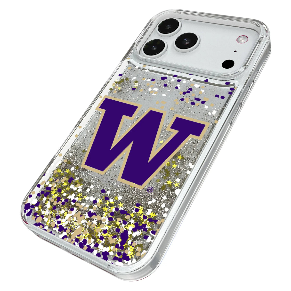 University of Washington Huskies Confetti iPhone Glitter Phone Case for Apple iPhone - Isometric View#Device_iPhone 18 Pro Max