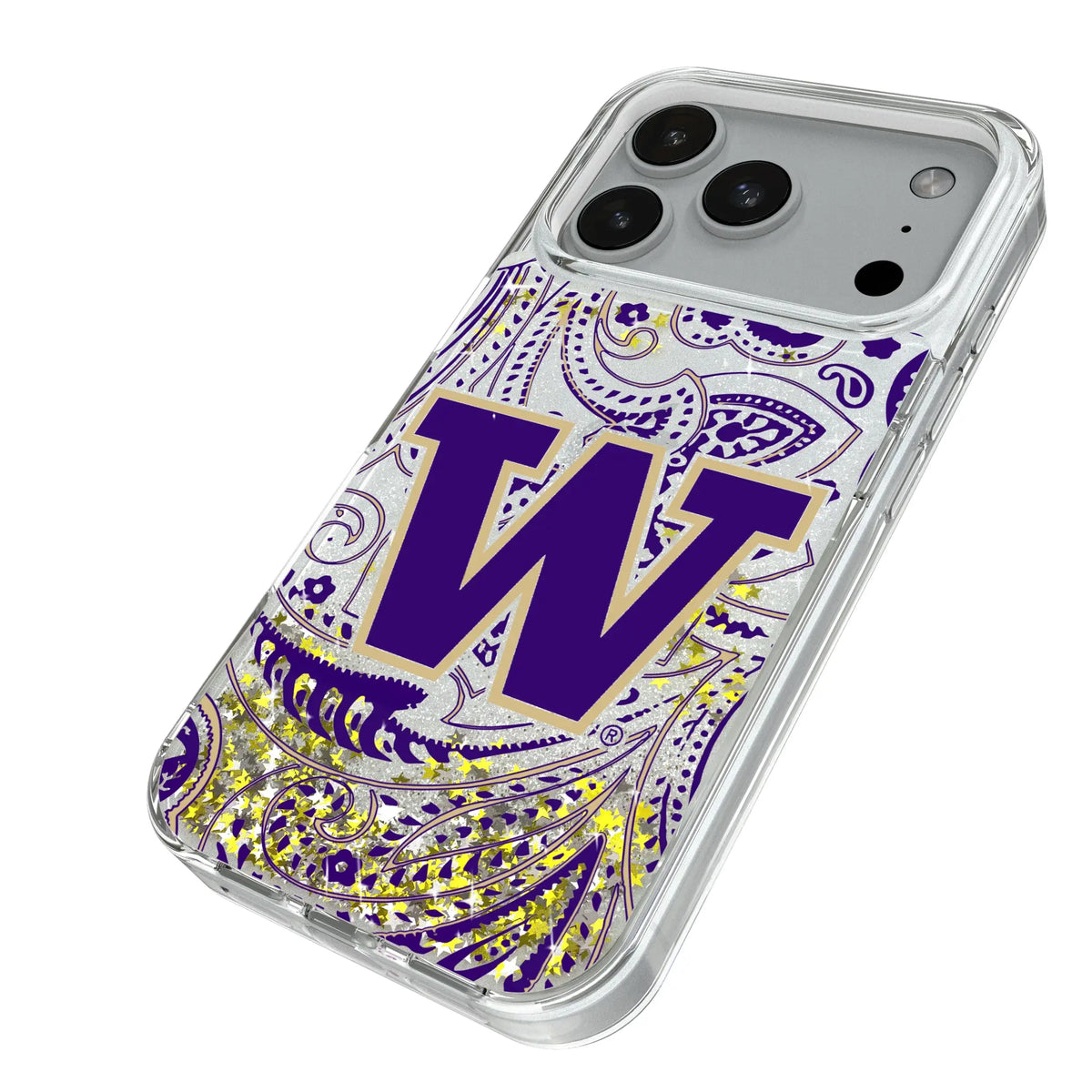 University of Washington Huskies Paisley iPhone Glitter Phone Case for Apple iPhone - Isometric View#Device_iPhone 18 Pro