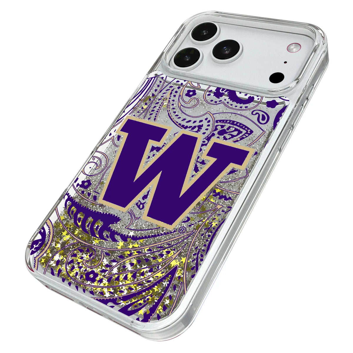 University of Washington Huskies Paisley iPhone Glitter Phone Case for Apple iPhone - Isometric View#Device_iPhone 18 Pro Max