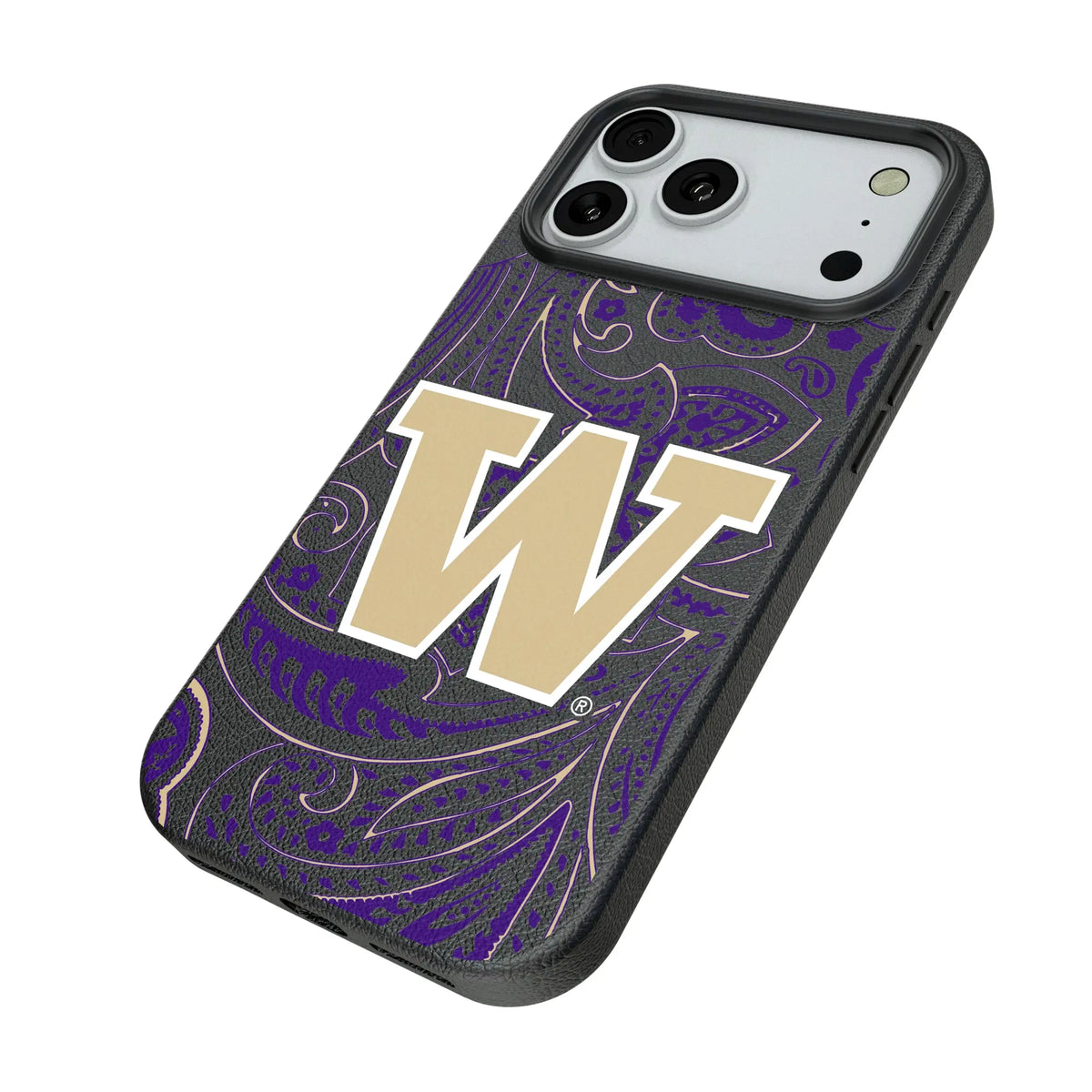 University of Washington Huskies Paisley iPhone MagSafe Compatible Phone Case for Apple iPhone - Isometric View#Device_iPhone 18 Pro Max