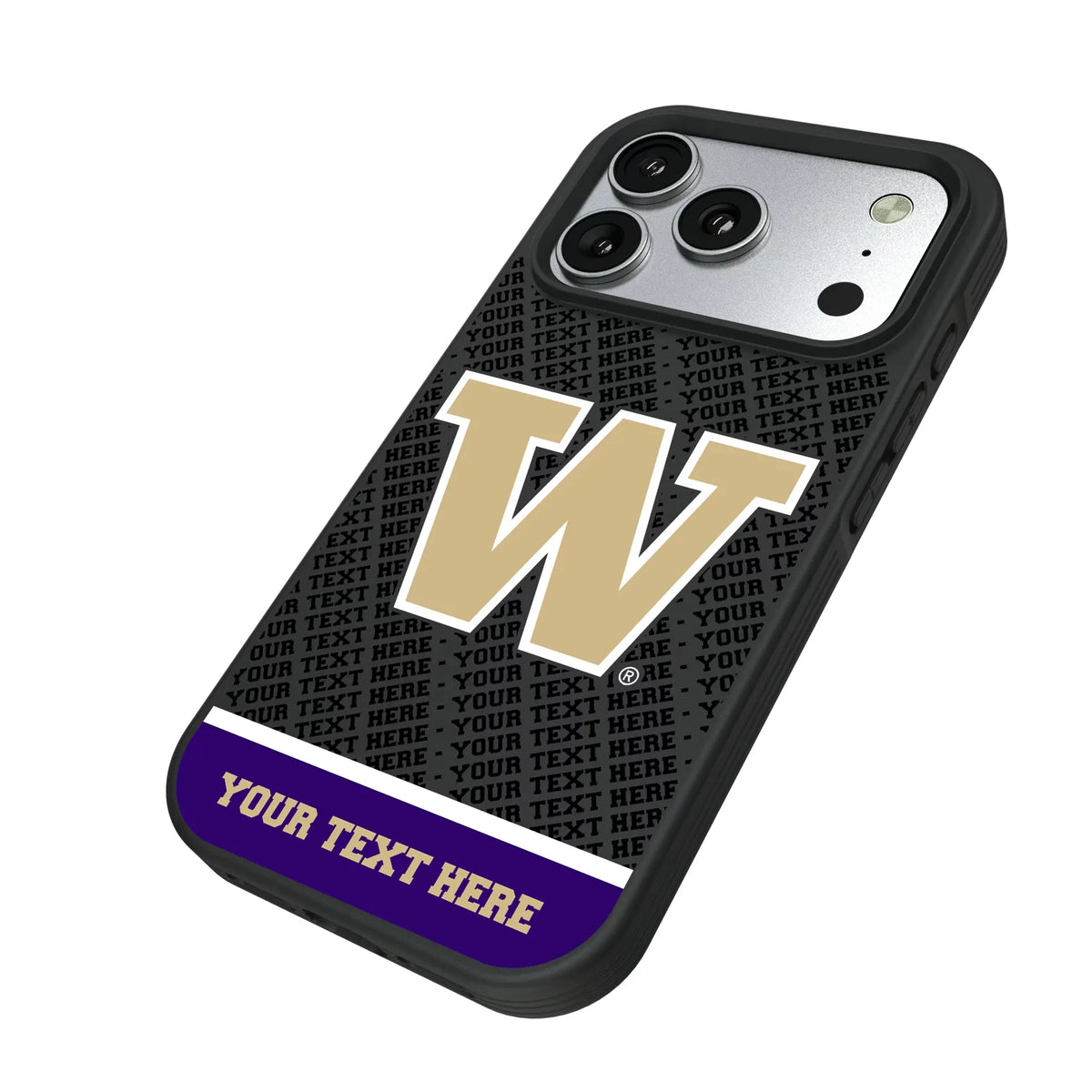 University of Washington Huskies Personalized EndZone Plus iPhone Bump Phone Case for Apple iPhone - Isometric View#Device_iPhone 17 Pro