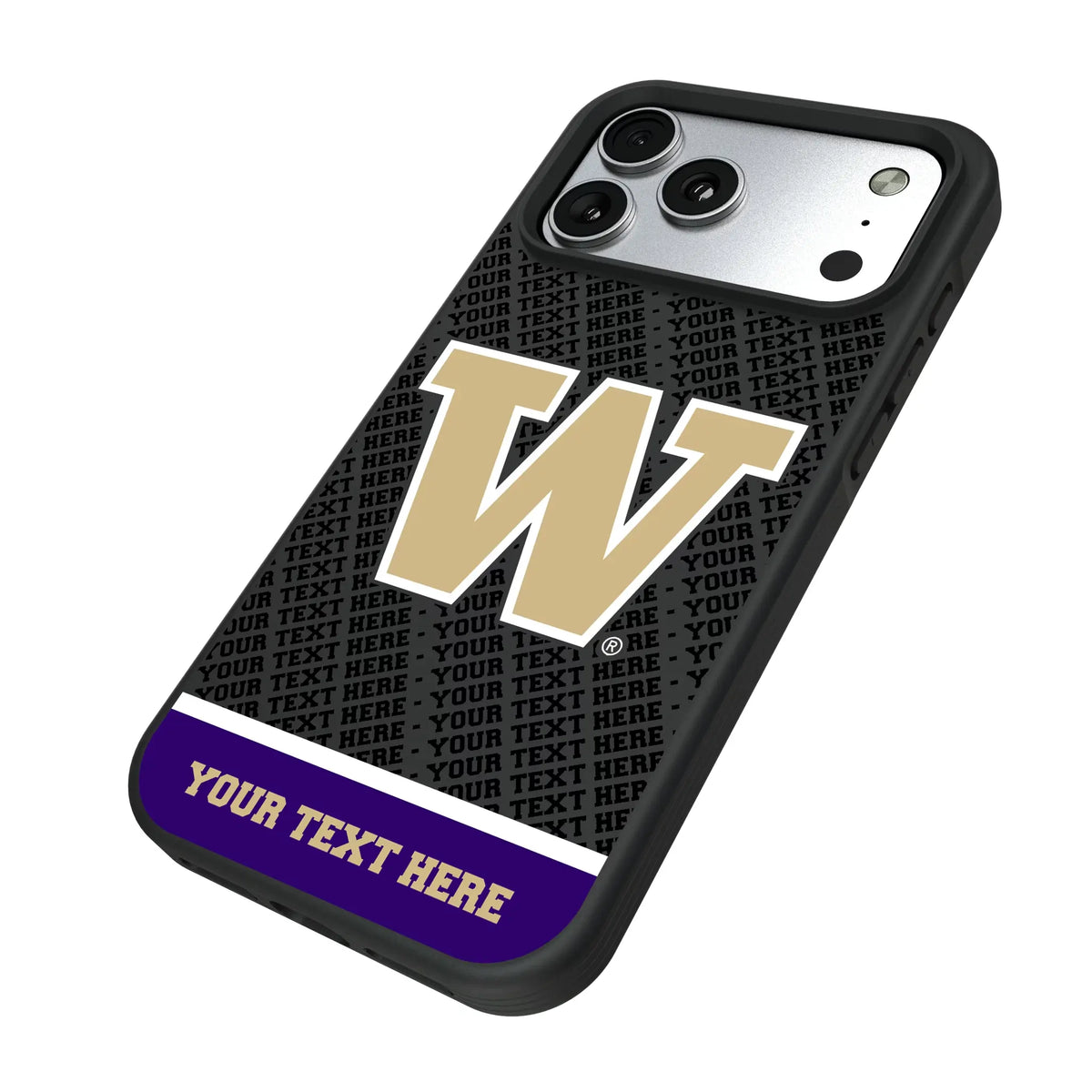 University of Washington Huskies Personalized EndZone Plus iPhone Bump Phone Case for Apple iPhone - Isometric View#Device_iPhone 17 Pro Max