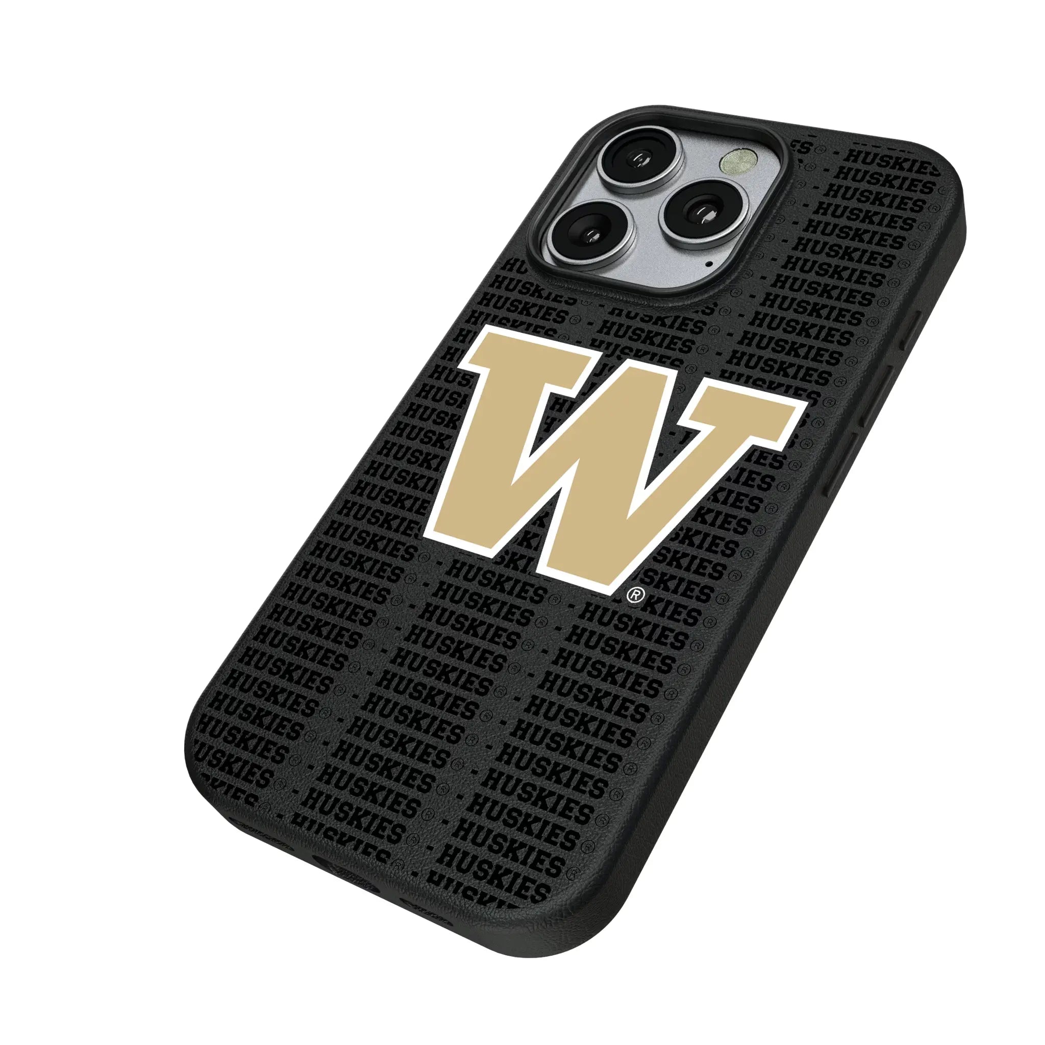 University of Washington Huskies Text Backdrop iPhone MagSafe Compatible Phone Case for Apple iPhone - Isometric View