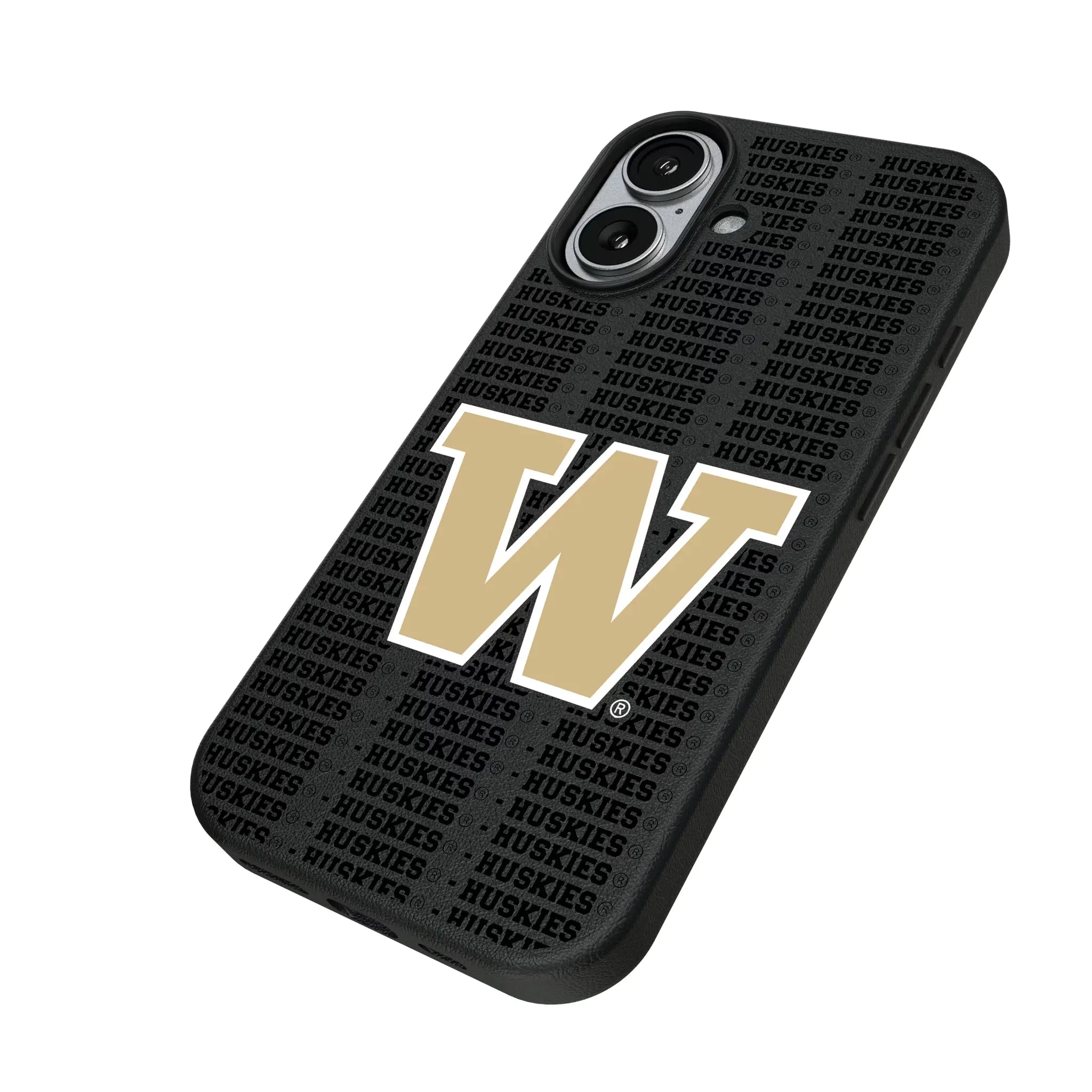 University of Washington Huskies Text Backdrop iPhone MagSafe Compatible Phone Case for Apple iPhone - Isometric View#Device_iPhone 17