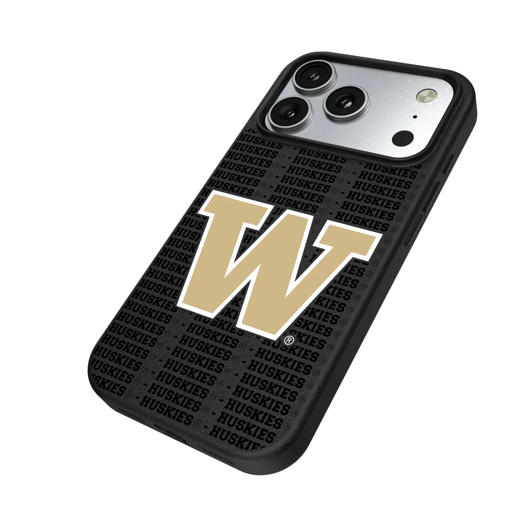 University of Washington Huskies Text Backdrop iPhone MagSafe Compatible Phone Case for Apple iPhone - Isometric View#Device_iPhone 17 Pro