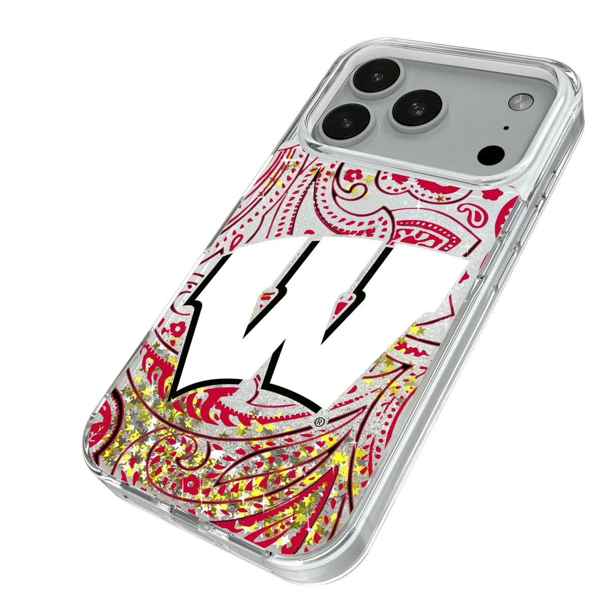 University of Wisconsin Badgers Paisley iPhone Glitter Phone Case for Apple iPhone - Isometric View#Device_iPhone 18 Pro