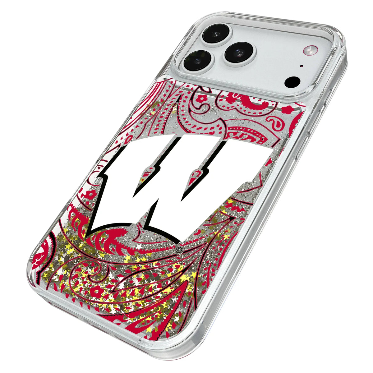 University of Wisconsin Badgers Paisley iPhone Glitter Phone Case for Apple iPhone - Isometric View#Device_iPhone 18 Pro Max