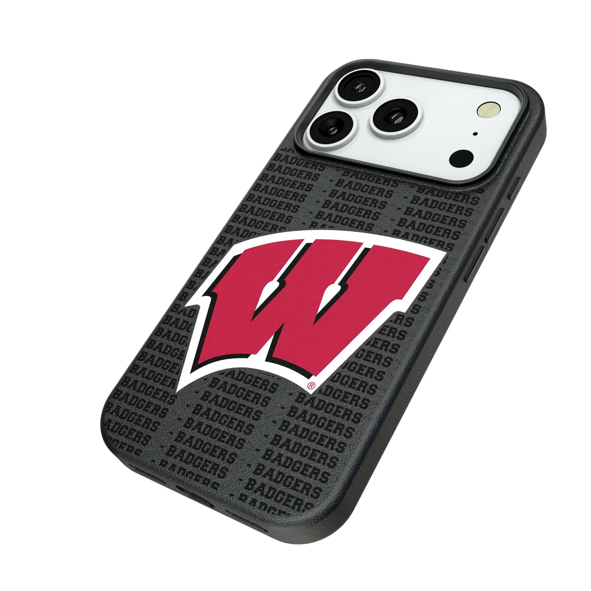 University of Wisconsin Badgers Text Backdrop iPhone MagSafe Compatible Phone Case for Apple iPhone - Isometric View#Device_iPhone 18 Pro