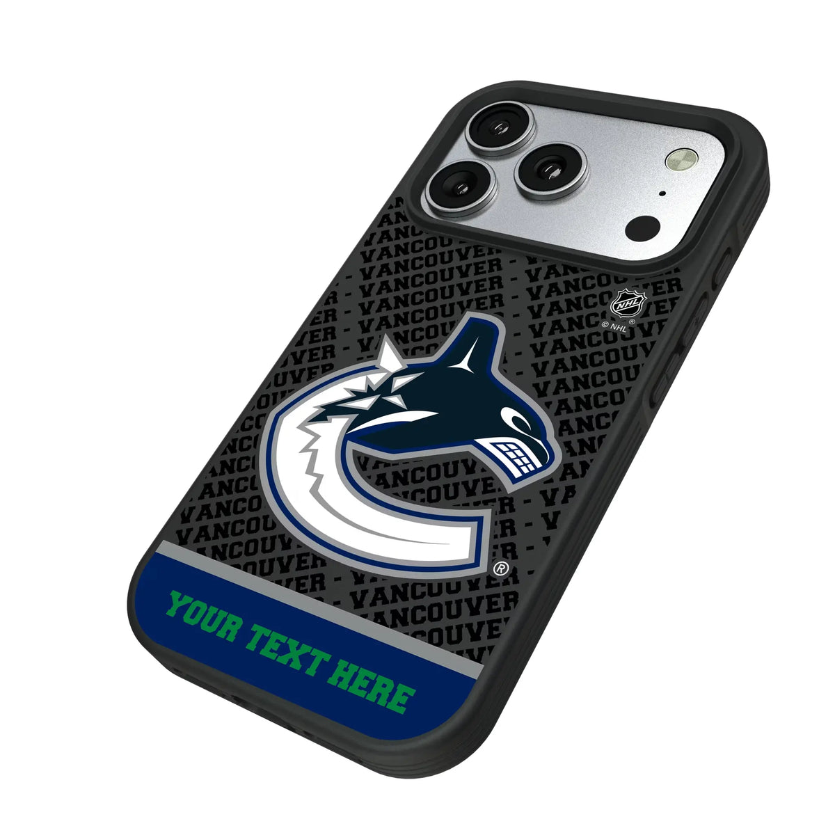 Vancouver Canucks Personalized EndZone Plus iPhone Bump Phone Case for Apple iPhone - Isometric View#Device_iPhone 17 Pro