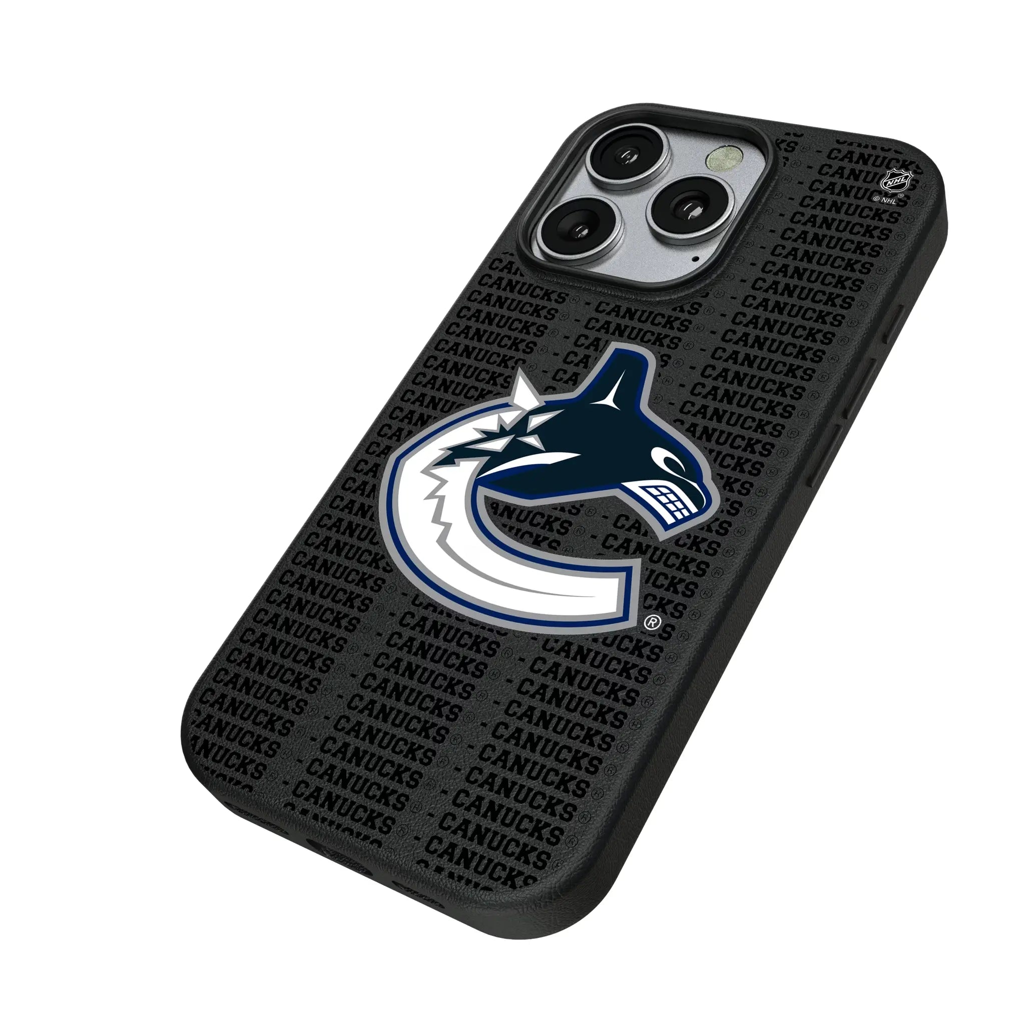 Vancouver Canucks Text Backdrop iPhone MagSafe Compatible Phone Case for Apple iPhone - Isometric View