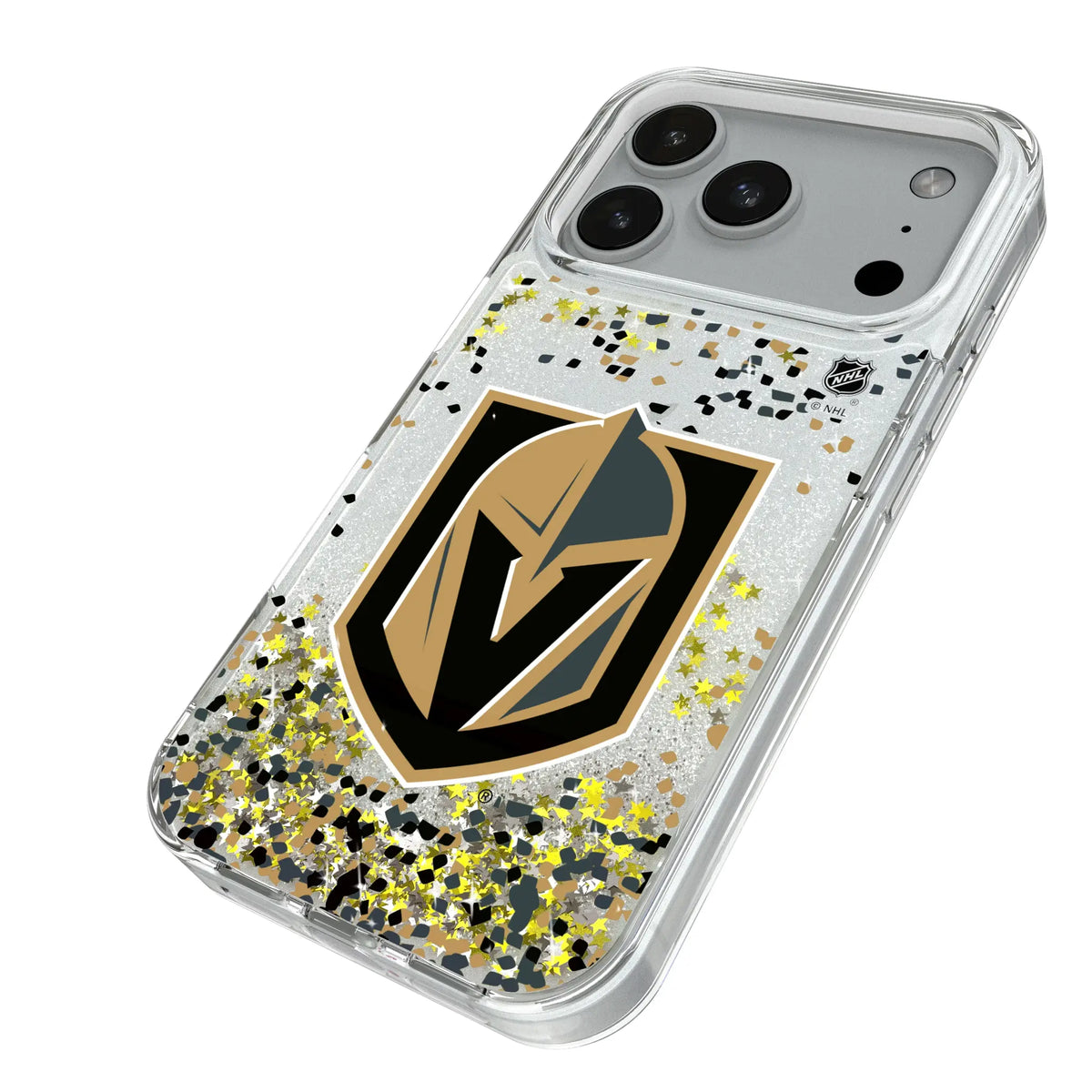 Vegas Golden Knights Confetti iPhone Glitter Phone Case for Apple iPhone - Isometric View#Device_iPhone 18 Pro