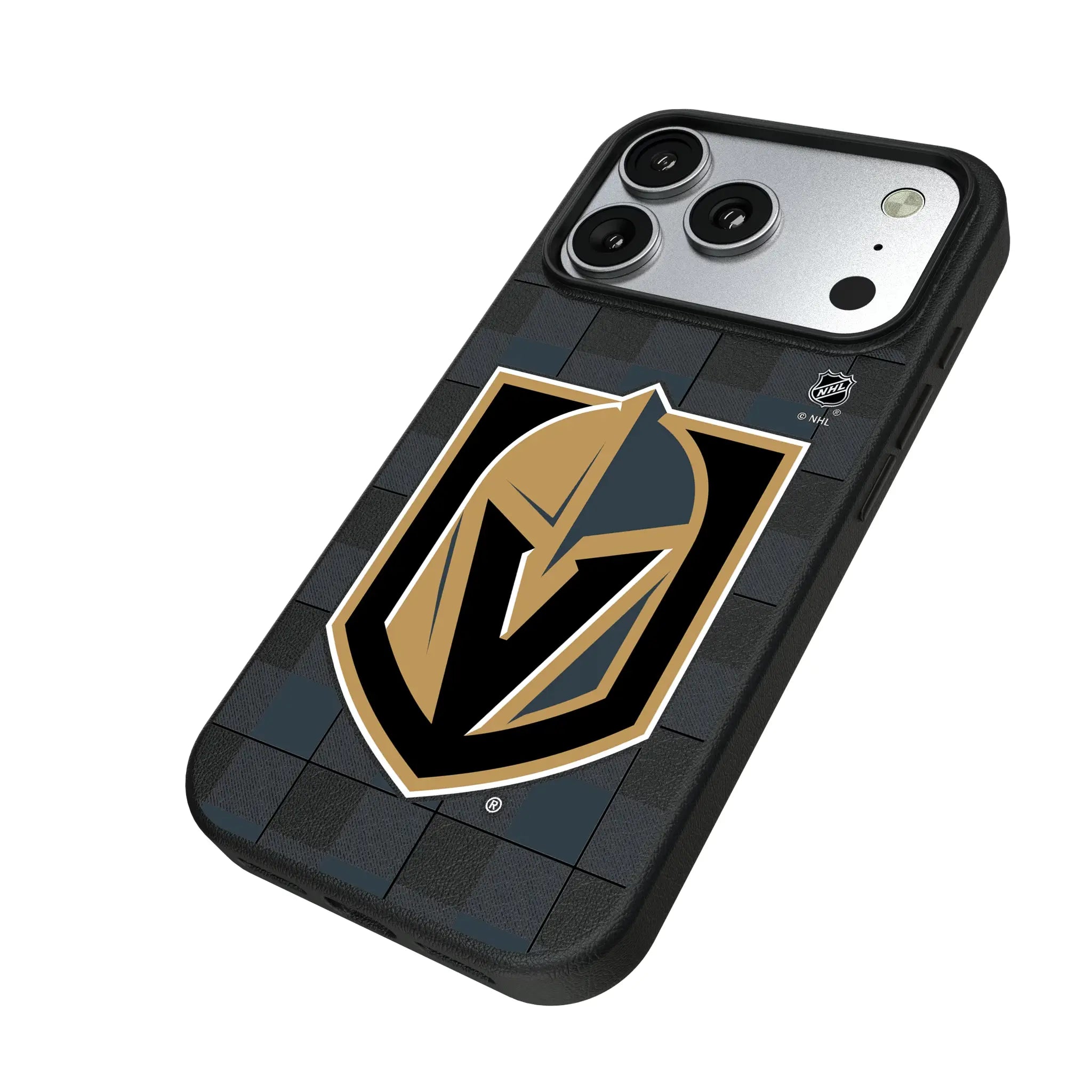 Vegas Golden Knights Plaid iPhone MagSafe Compatible Phone Case for Apple iPhone - Isometric View#Device_iPhone 17 Pro