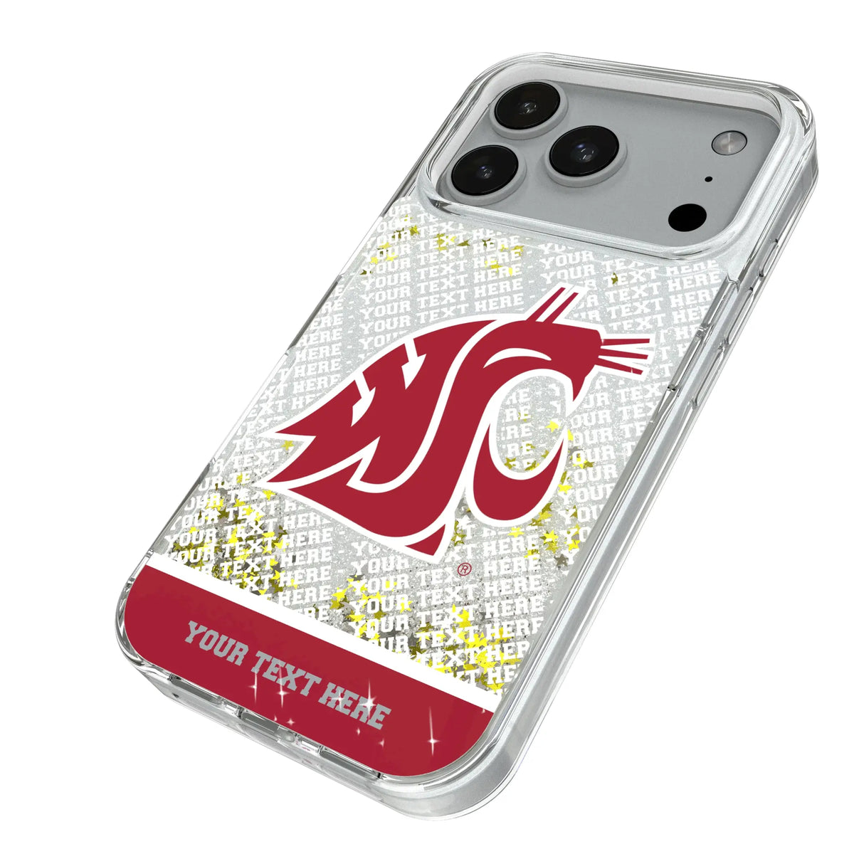 Washington State University Cougars Personalized EndZone Plus iPhone Glitter Phone Case for Apple iPhone - Isometric View#Device_iPhone 18 Pro