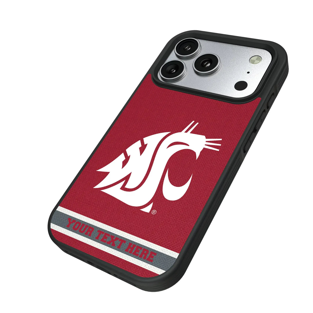 Washington State University Cougars Personalized Stripe iPhone Bump Phone Case for Apple iPhone - Isometric View#Device_iPhone 17 Pro