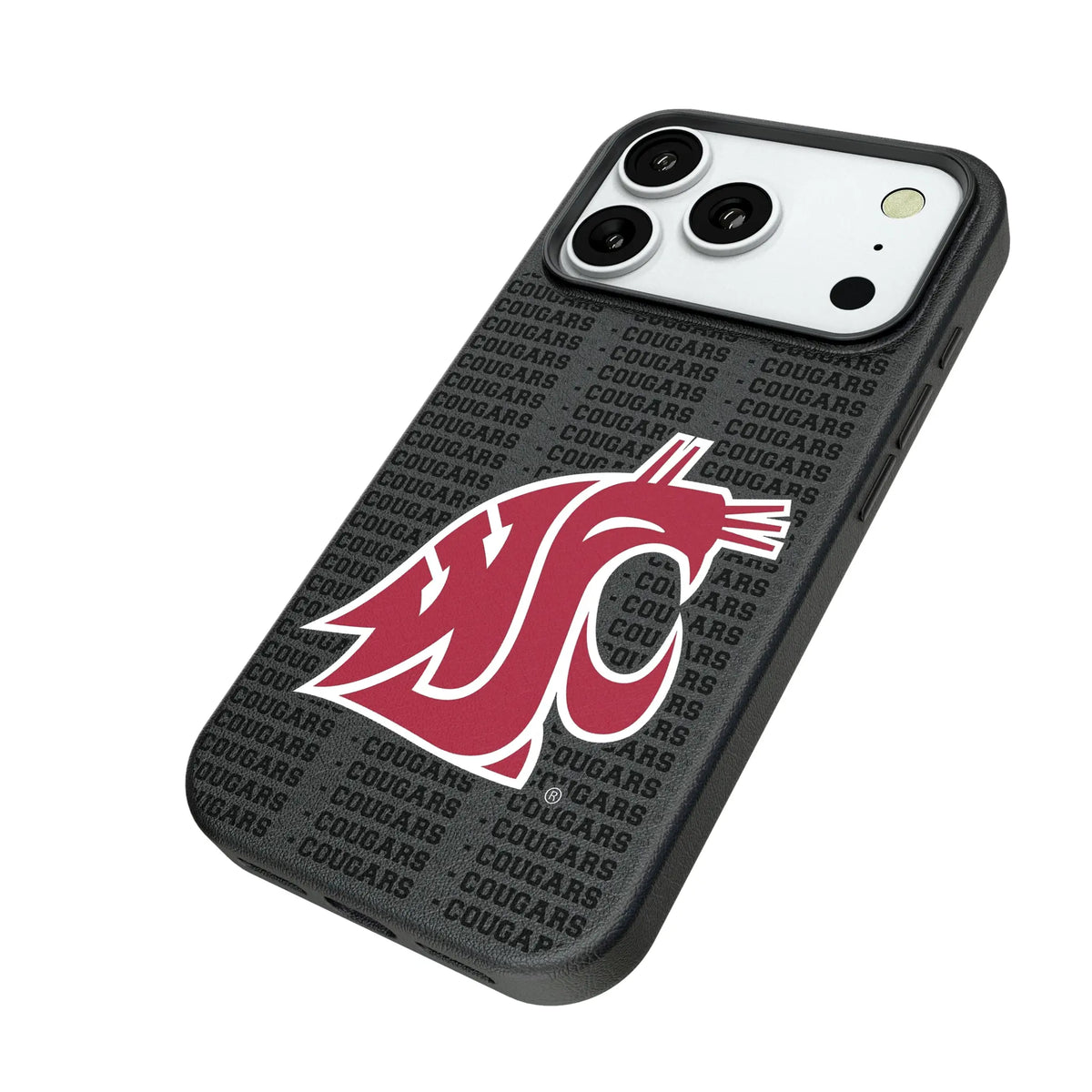 Washington State University Cougars Text Backdrop iPhone MagSafe Compatible Phone Case for Apple iPhone - Isometric View#Device_iPhone 18 Pro