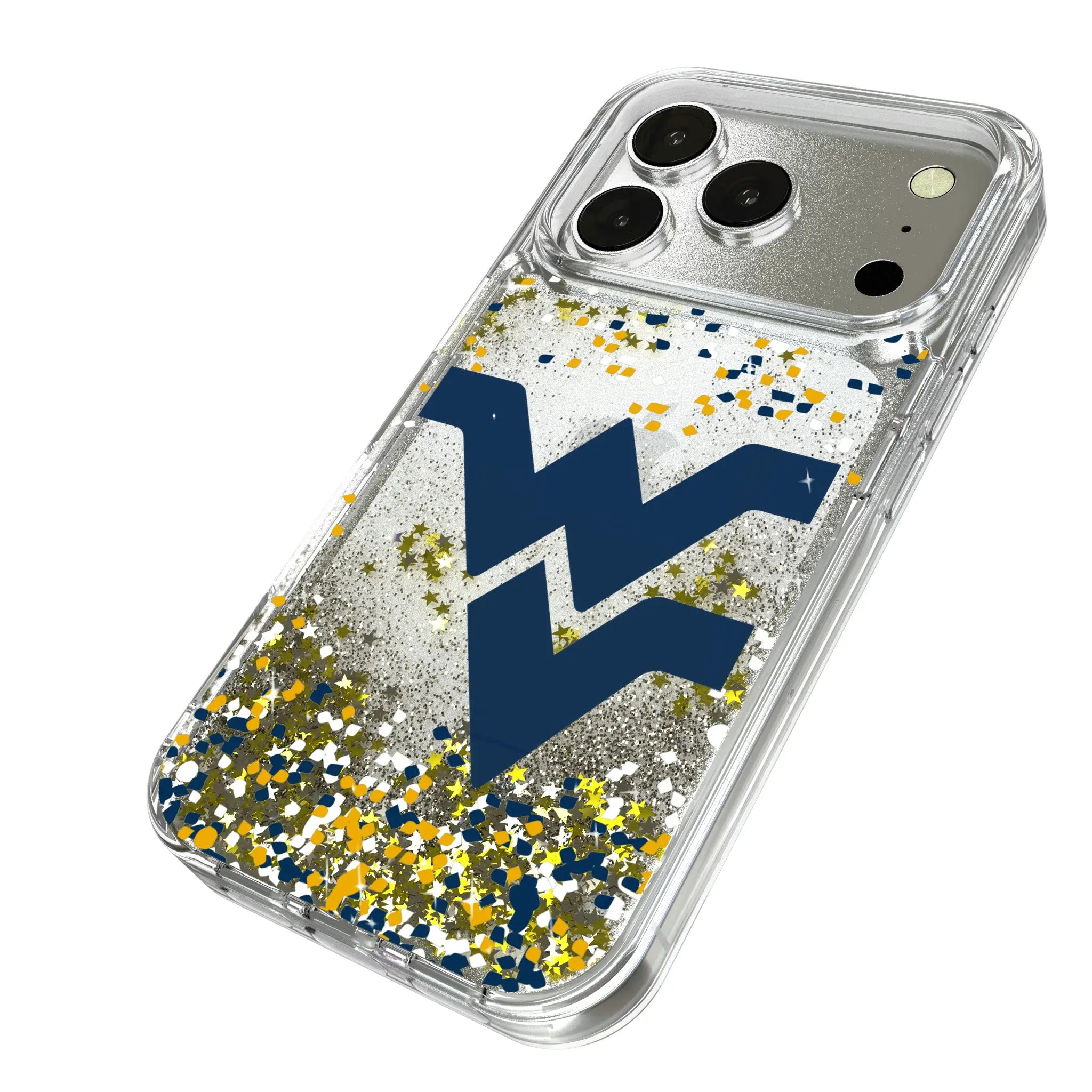 West Virginia University Mountaineers Confetti iPhone Glitter Phone Case for Apple iPhone - Isometric View
