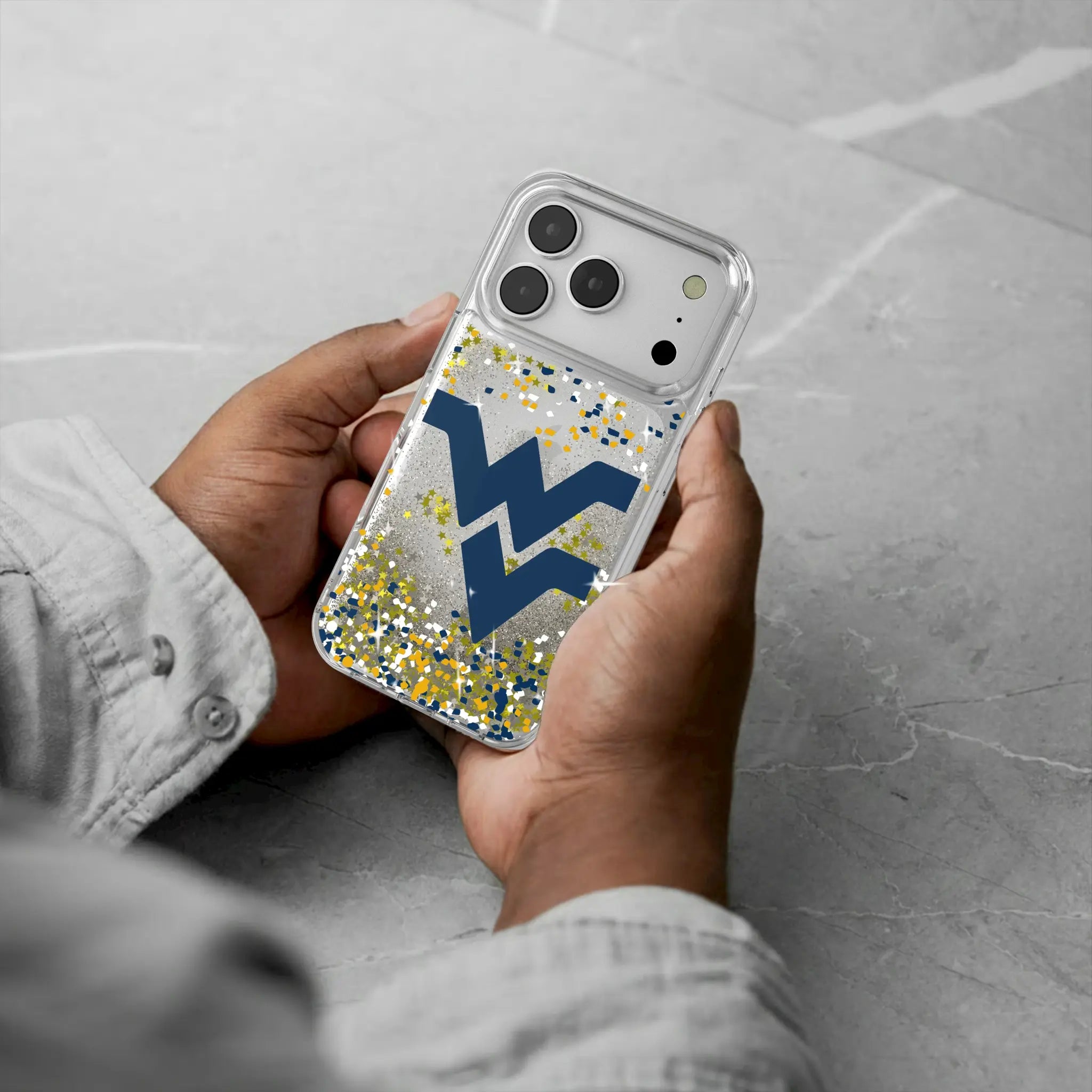 West Virginia University Mountaineers Confetti iPhone Glitter Phone Case for Apple iPhone - Lifestyle