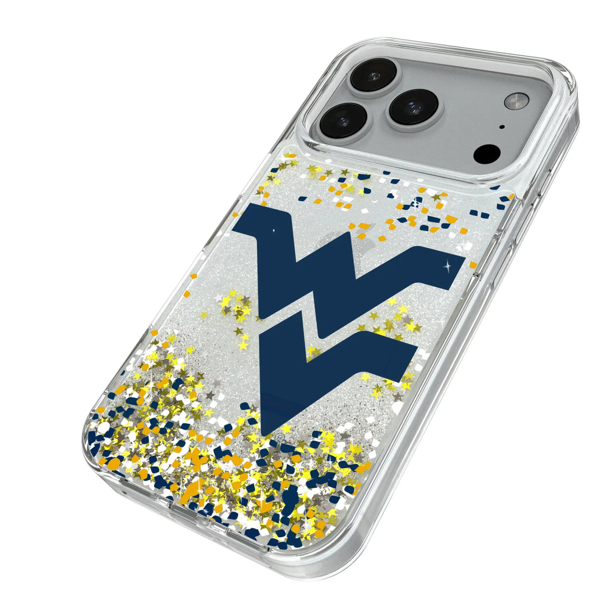 West Virginia University Mountaineers Confetti iPhone Glitter Phone Case for Apple iPhone - Isometric View#Device_iPhone 18 Pro
