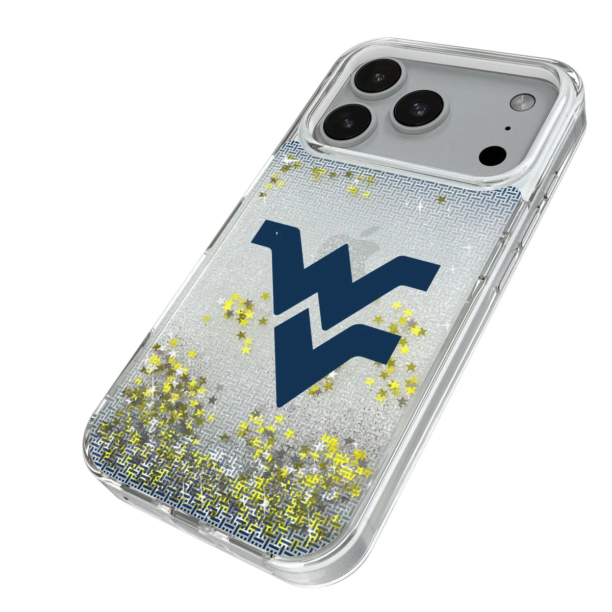 West Virginia University Mountaineers Linen iPhone Glitter Phone Case for Apple iPhone - Isometric View#Device_iPhone 18 Pro